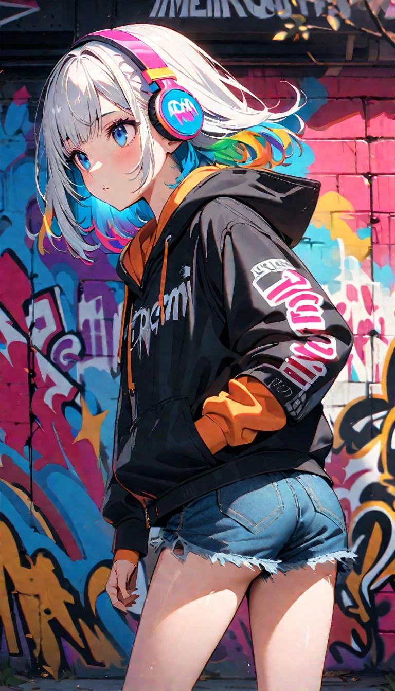 HD 8K Handsome cute, Solitary, 1 female, Medium Length Hair, white hair, Rainbow hair, blue Eyes, looking away, Rainbow headphone, hoodie, colored hoodie, black Trucker Hat, hip-hop style big hooded jacket, denim shorts, Human focus, HD 8K outdoor, White clouds, graffiti famous spray art wall in New York,