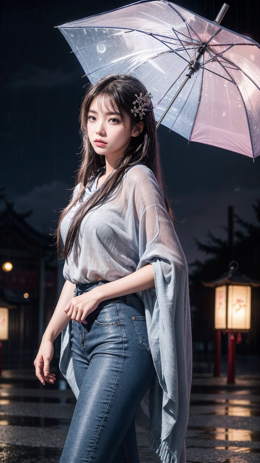 On the playground in the rain, Girl hits umbrella on head, The other hand holds an umbrella, Blue denim leggings, Masterpiece Night Moon Full Moon 1 Female Adult, Chinese style queen cold face with silver long hair woman light pink lip color calm intellectual three band gray primary school student assassin lantern flower ball background walking street scene, Long hair shawl,