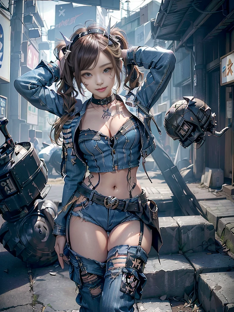 (Full Body View:1.3)、(Beautiful lips and nose:1.4)、(Long eyelashes:1.4)、(Side view:1.1)、(Smiling with teeth showing:1.3),(Shibuya Gal:1.5)、(Gothic ta delicately decorated dress:1.5)、(Tattered denim and black punk rock cargo pants:1.5)、(Denim and black skull mark small jacket:1.4)、(denim garter belt:1.5)、(Black and denim knee socks:1.3)、(Skull Silver Accessories:1.5)、(Denim collar:1.3)、(Brown Skin Belt:1.4)、(Brown boots:1.2)、(The underwear is striped:1.4)、31 years old、((Highest quality、In 8K、masterpiece:1.3))、Sharp focus:1.2、(Layered Cut、Huge boobs:1.1),Beautiful woman with perfect figure:1.4、(Dancing vigorously:1.3)、Slender Abs:1.2、Highly detailed face and skin texture、Detailed eyes、double eyelid,(Twin tails:1.3)、(Brown-golden hair:1.3)、Gravure idol、(The background is a vast, beautiful white ancient ruins:1.3)、(Slim body:1.2),(Make your legs thinner:1.4),(clavicle:1.1)