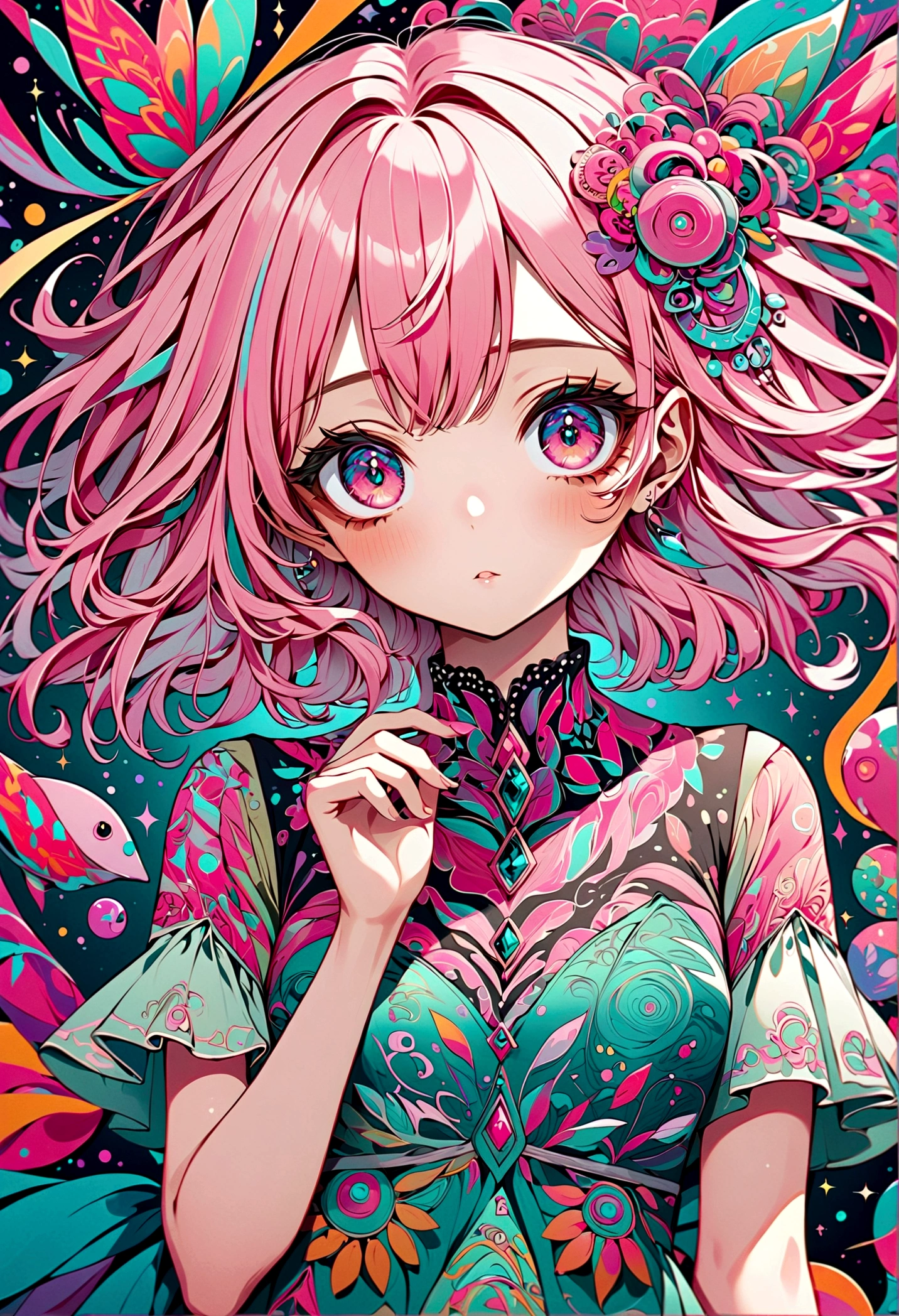 A delicate anime-style illustration of a girl with pink hair and large, expressive eyes. She is wearing a detailed, colorful dress with intricate patterns. The background features abstract, geometric shapes in soft pastel colors, creating a modern and artistic look. Her hands are gracefully positioned in front of her. kimono,Japanese style,Japanese Pattern,artwork,Zentangle,Fractal Art,Unbelievably absurd,draw in detail,Decadent,Adding Ogata Korin elements to the background,rendering,(masterpiece:1.3),(highest quality:1.4),(Super detailed:1.5),High resolution,Very detailed,unity 8k wallpaper,pop