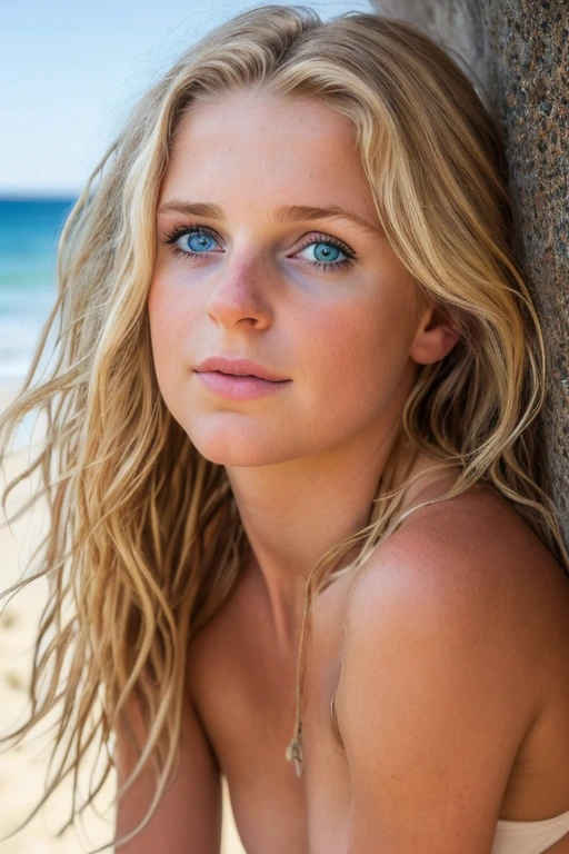 realistic photo, a realistic photo of  18yo girl wearing a bikini, blonde hair, beach,  (1girl), (extremely detailed CG unity 8k wallpaper), photo of the most beautiful artwork in the world, professional majestic (photography by Steve McCurry), 8k uhd, dslr, soft lighting, high quality, film grain, Fujifilm XT3 sharp focus, f 5.6, High Detail, Sharp focus, dramatic, (looking at viewer:1.2), (detailed pupils:1.3), (natural light),