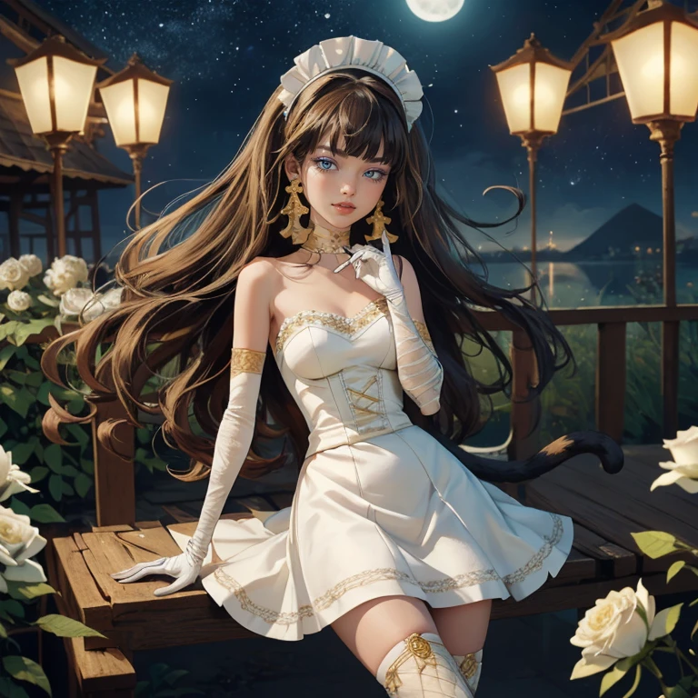 ((high quality)), ((Work of art)), (more detail), 1girl, centered, a girl with a blue skinny, award winning upper body portrait, cowboy shot, solo, brown hair, long hair, wave hair, Egyptian aesthetic, white shirt, white skirt, blue knee boots, smiling, Egypt style, garden with lake scenery, gold lanterns, white roses, full moon,  depth of field, cinematic composition, night, white roses, smile, gothic dress, white dress, white dress with transparency, blue laces, white gloves, white high socks, blue high hills boots, gold jewelry, jewelry, space, white roses on focus, Cleo de Nilo_(monster high), Monster High, looking at the viewer, more details on the clothes, petals in the air, two arms, two legs, two hands, five fingers, space scene, 1girl, white maid dress, jewelry, brown hair, flowing hair, long hair, maid dress with a short skirt and layers, white laces, white boots, white dress with transparency, gold details on her clothes, cat ears, animal ears,  more details, perfectly body, perfectly hands, two hands, two legs, two arms, five fingers, glowing hair, best quality, cat ears, animal ears, tail ornament, tail bow, white gloves, two cat tail, white gloves, alone, maid headdress, choker, detached sleeves, maid dress, maid white dress, strapless, masterpiece, best quality, detailed face, night, asymmetrical gloves, bangs, white short skirt , white gloves, white boots, earrings, elbow gloves, fishnet thighhighs, fish masterpiece, solo, best quality, detailed face, gloves, green eyes, green hair, hair between eyes, jewelry, long hair, looking at viewer, single earring, sky, sleeveless, solo, thigh boots, thigh highs, uneven gloves, cat ears, animal ears, cat tail, , solo, alone, Looking at the viewer, More details on the clothes, white roses on her hair, space scenery, maid, maid dress, green details, white roses, maid headdress, maid apron, purple hair, long hair, seat on the Saturn rings, more details on her clothes, gold details on her 