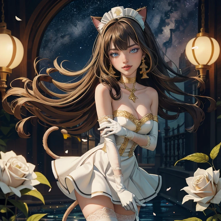 ((high quality)), ((Work of art)), (more detail), 1girl, centered, a girl with a blue skinny, award winning upper body portrait, cowboy shot, solo, brown hair, long hair, wave hair, Egyptian aesthetic, white shirt, white skirt, blue knee boots, smiling, Egypt style, garden with lake scenery, gold lanterns, white roses, full moon, depth of field, cinematic composition, night, white roses, smile, gothic dress, white dress, white dress with transparency, blue laces, white gloves, white high socks, blue high hills boots, gold jewelry, jewelry, space, white roses on focus, Cleo de Nilo_(monster high), Monster High, looking at the viewer, more details on the clothes, petals in the air, two arms, two legs, two hands, five fingers, space scene, 1girl, white maid dress, jewelry, brown hair, flowing hair, long hair, maid dress with a short skirt and layers, white laces, white boots, white dress with transparency, gold details on her clothes, cat ears, animal ears, more details, perfectly body, perfectly hands, two hands, two legs, two arms, five fingers, glowing hair, best quality, cat ears, animal ears, tail ornament, tail bow, white gloves, two cat tail, white gloves, alone, maid headdress, choker, detached sleeves, maid dress, maid white dress, strapless, masterpiece, best quality, detailed face, night, asymmetrical gloves, bangs, white short skirt , white gloves, white boots, earrings, elbow gloves, fishnet thighhighs, fish masterpiece, solo, best quality, detailed face, gloves, green eyes, green hair, hair between eyes, jewelry, long hair, looking at viewer, single earring, sky, sleeveless, solo, thigh boots, thigh highs, uneven gloves, cat ears, animal ears, cat tail, , solo, alone, Looking at the viewer, More details on the clothes, white roses on her hair, space scenery, maid, maid dress, green details, white roses, maid headdress, maid apron, purple hair, long hair, seat on the Saturn rings, more details on her clothes, gold details on her