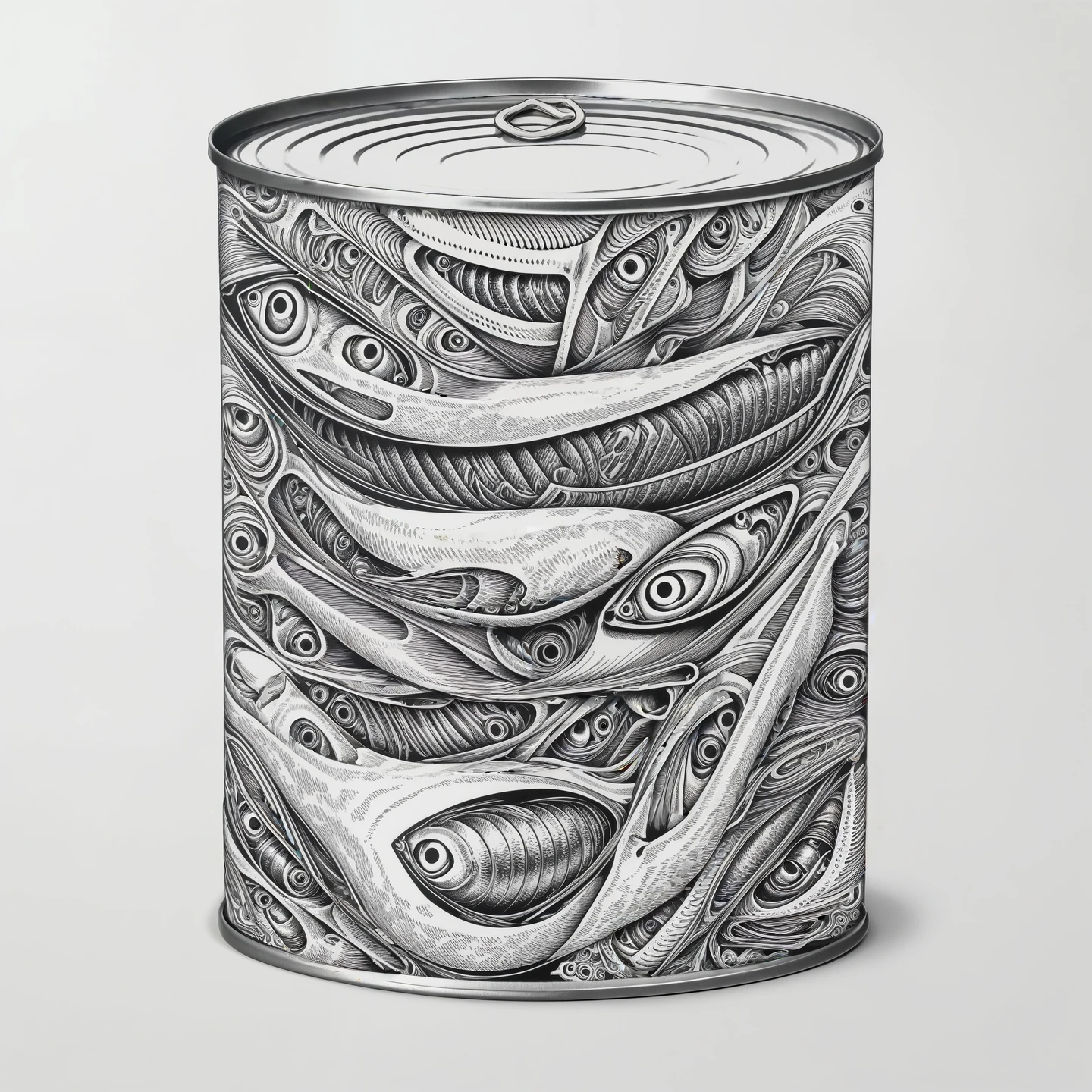 Tinned sardines packed in ring pull can, tattoo design, Japanese retro, doctor, lineart PStyl3, negative space, abstract, intricate, iridescent,