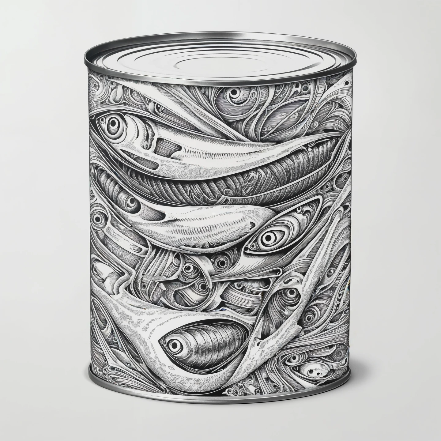Tinned sardines packed in ring pull can, tattoo design, Japanese retro, doctor, lineart PStyl3, negative space, abstract, intricate, iridescent,