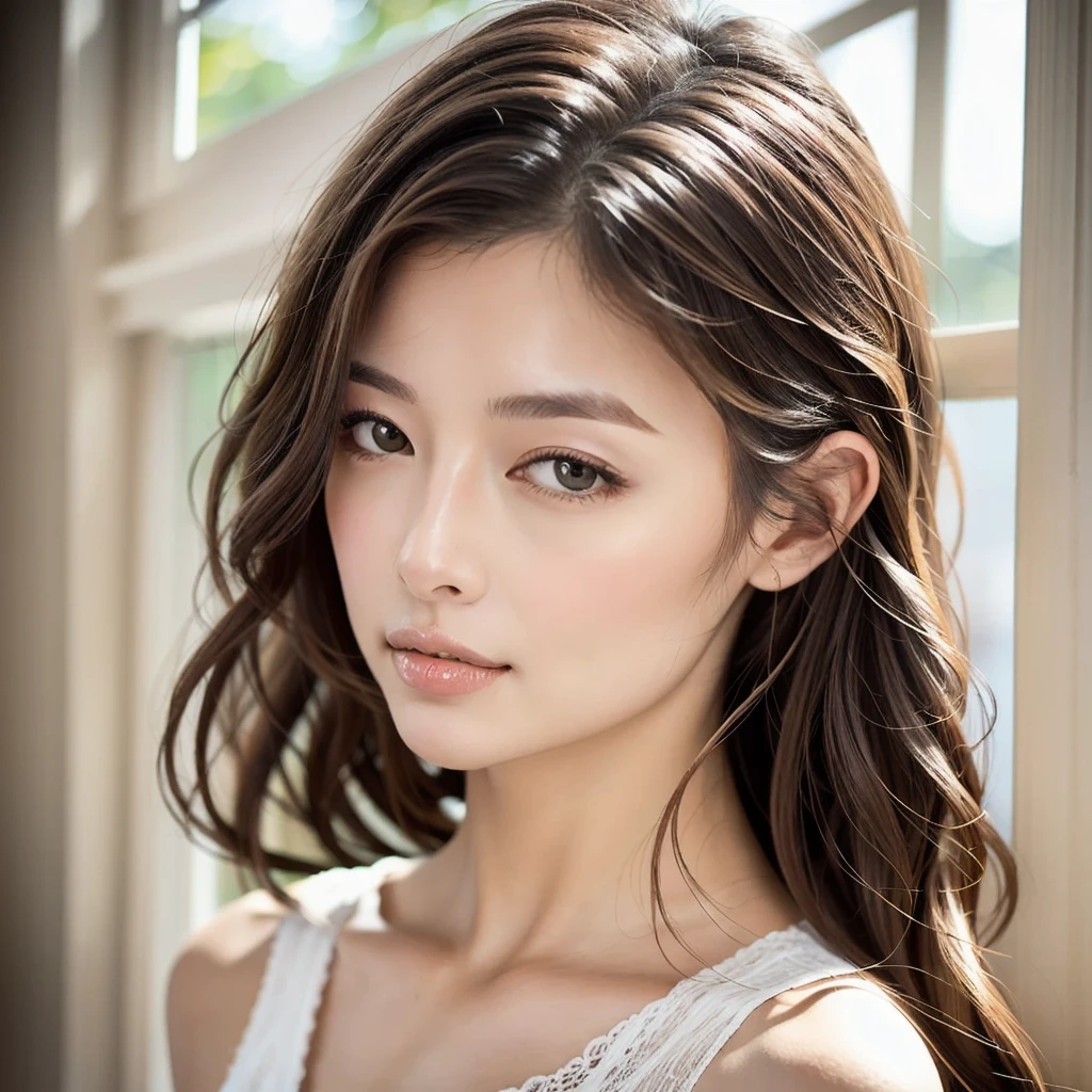 Portrait of a young woman with European characteristics with a very specific and detailed appearance:
Facial features:
face: Oval and symmetrical, with smooth and clear skin, free of imperfections, typical of a young European girl.
Eyes: Large and expressive, light brown. The eyelashes are long and curved, adding depth to your look.
Eyebrows: Perfectly arched and well defined, a shade slightly darker than her hair.
nose: Small and refined, well proportioned with the rest of his features.
lips: Full and well defined, with a natural pink color. His expression is soft and friendly.
Hair:
color: deep red, vibrant and bright.
Style: Collected in a high and elegant ponytail. The hair is long and straight, and the ponytail stays well held, no loose strands.
texture: Silky and smooth, reflecting light naturally.
context:
bottom: A bright room with large windows that allow in natural light. The background is neutral and does not distract from the main subject.
outfit:
Upper part: A simple but elegant white blouse, that highlights the naturalness and beauty of the young woman.
Atmosphere and tone:
The image should convey a feeling of tranquility and freshness. Lighting should be soft and natural, no harsh shadows.
Format:
Photo type: Document type photo, focusing exclusively on your face, from the shoulders up, making sure to clearly capture all facial details mentioned.
Additional characteristics:
It is important to note that the young woman has distinctive European features., such as light skin and facial features described.
Please, Make sure all these details are captured faithfully so that the representation of the young woman is as close as possible to the image provided, with the only modification of the ponytail hairstyle, and the document type photo format, emphasizing its European characteristics.