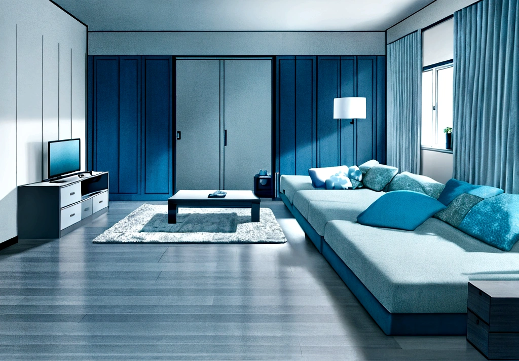 modern room, black and blue and with good decoration