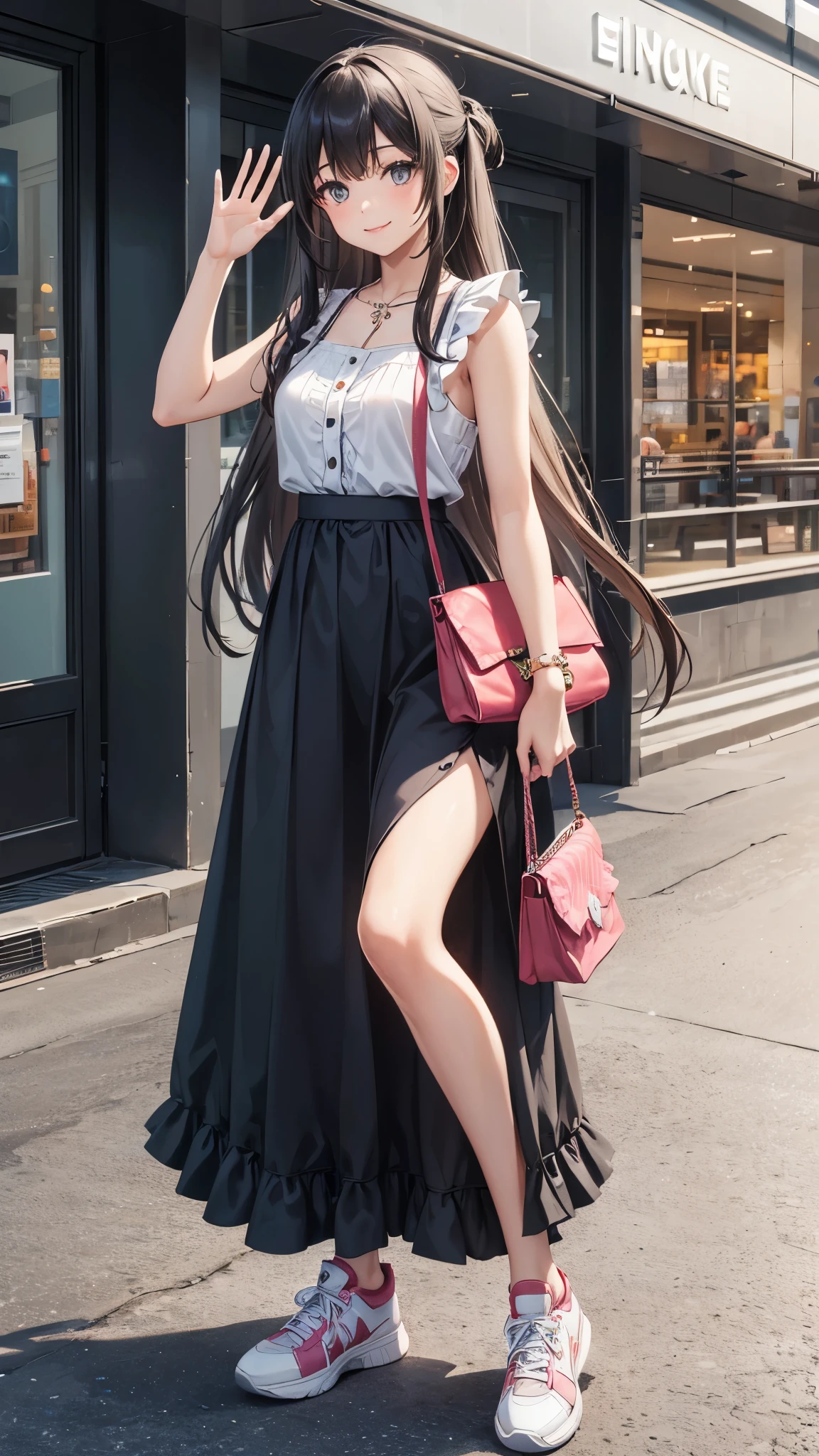 a girl with long flowing hair,5 fingers,smiling and waving, wearing a casual sleeveless blouse with frills and a long maxi skirt, holding a shoulder bag,sneaker,standing outside a shopping mall,photorealistic, 4k, hyperdetailed, high quality