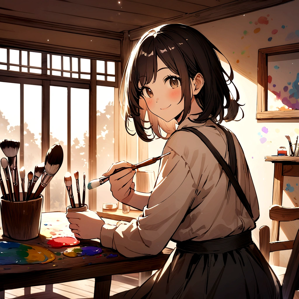Create an artistic room with beautiful light coming in through the window, table with paints, brushes, Black painting of mother and daughter, smiling and having fun