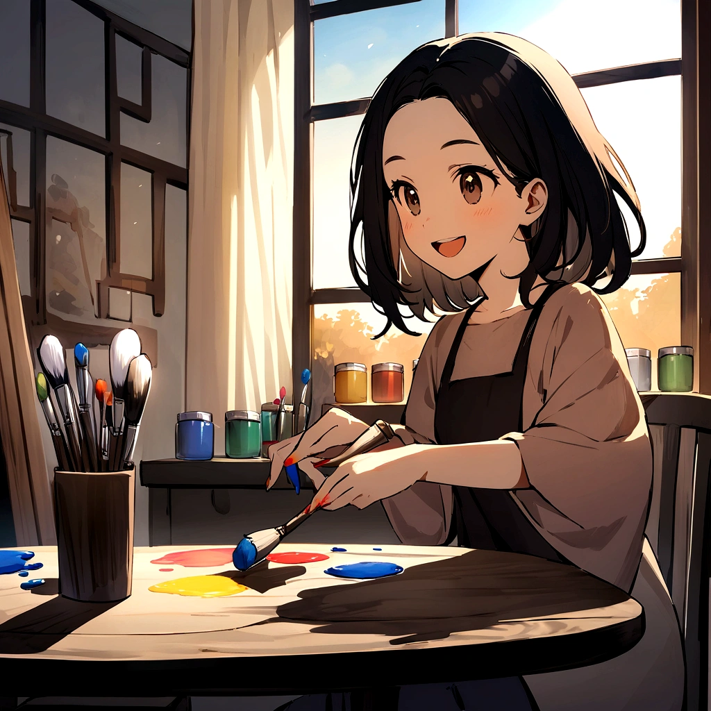 Create an artistic room with beautiful light coming in through the window, table with paints, brushes, Black painting of mother and daughter, smiling and having fun