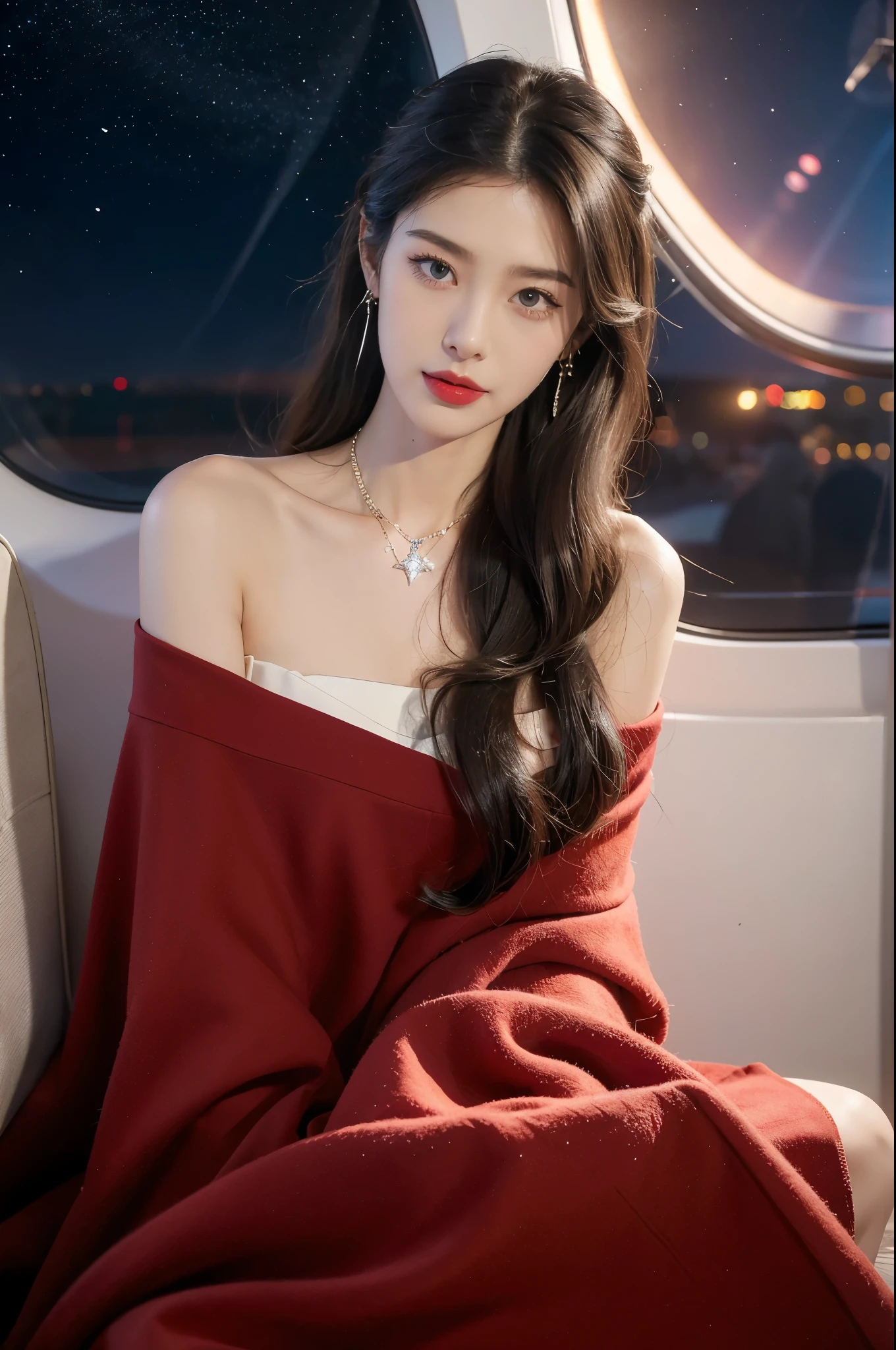(((best quality))),(((ultra detailed))),(((masterpiece))),illustration,(a beautiful girl,female passenger,solo),(parted red lips),((slim,thin,small breasts,flat chest)),((earrings,crystal necklace)),(slender legs:1.2),(spread legs apart:1.3),summer night,((in airplane,economy class,indoor)),(blanket over shoulders:1.3),((dress)),(shoulder length straight bob hair:1.2),stars,moonlight,smooth flight,engine sound,lullaby,relaxed,excited,laughing,visiting family,comfortable seats,soft fabric,headrests,adjustable,beauty of night sky,dimmed lights,sleeping passengers,movies,personal screens,staying awake,magic of sky,joy of being with family,memorable journey,adventures,(surrounded by crowded crowds:1.3),(Outside the window is high-altitude night view:1.2),((from front,upper body))