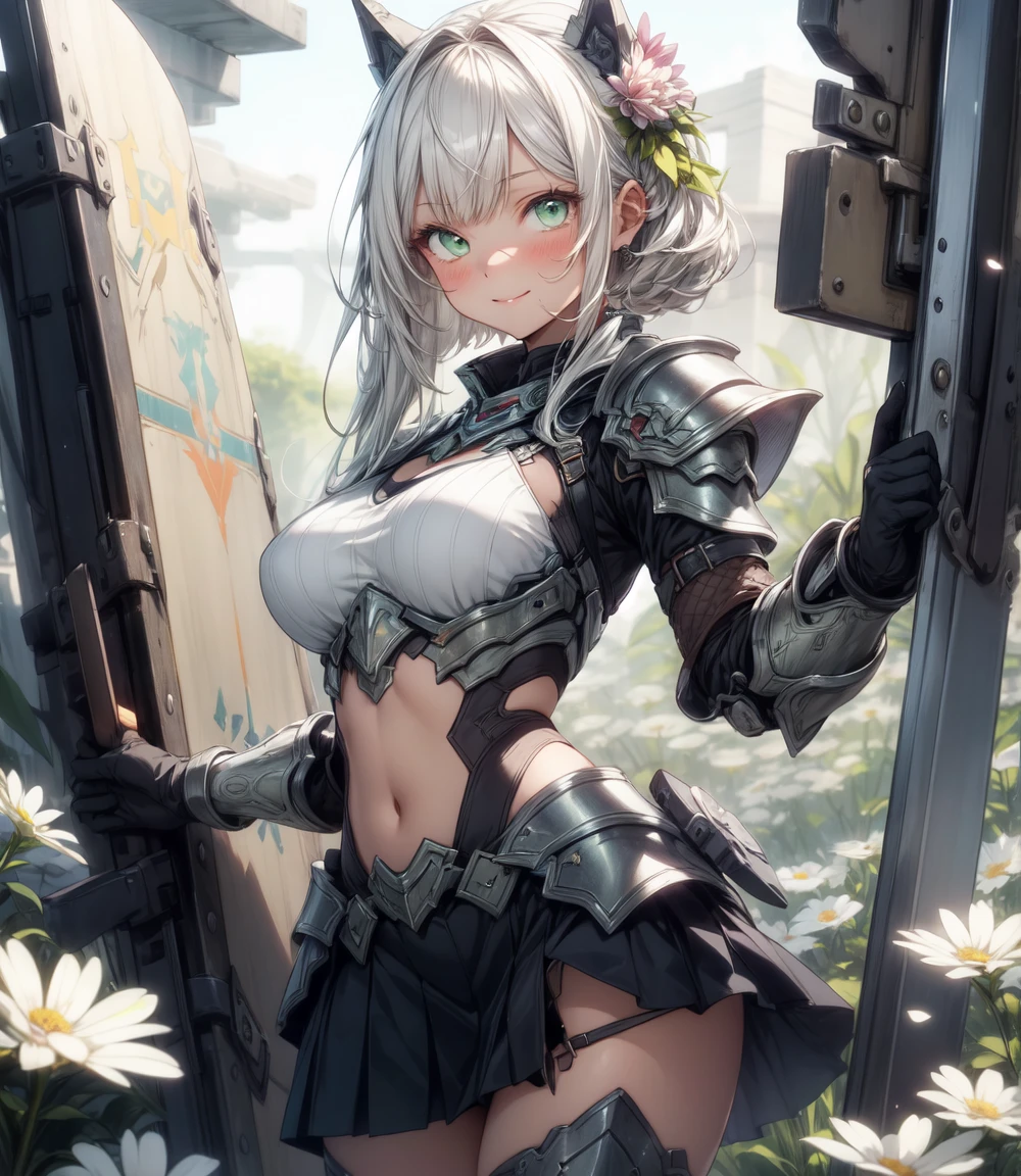 Be realistic，（masterpiece，Highest quality，Highest quality，Very detailed，Fractal Art，Most detailed，triple D cup breasts, bubbly ass, large breasts,（Flower field background：1.5）（1 Girl），Kamimei，（Hair length），（Green eyes glow、your breasts will grow，Stunned)，crystallization，sexy、Machinery Armor、Sunburned skin、（Holding a sword:1.3）、break, (Holding a shield ),(mini skirt)、A kind smile