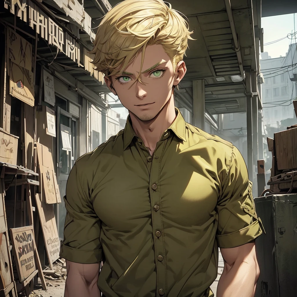 animated sketch, impressively detailed sketch, A man, (((detailed short blonde hair, detailed olive green eyes, Russian))), toned muscular body, modern casual clothing, apocalyptic world, vivid colors, conceptual artists lighting, focus on the torso, eyebrow raised, ((((excited)))), (((adult))),