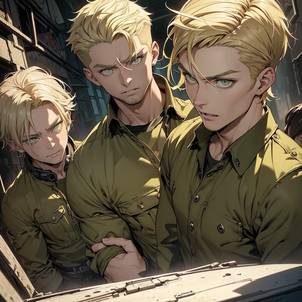 animated sketch, impressively detailed sketch, A man, (((detailed short blonde hair, detailed olive green eyes, Russian))), toned muscular body, modern casual clothing, apocalyptic world, vivid colors, conceptual artists lighting, focus on the torso, eyebrow raised, ((((excited)))), (((adult))),