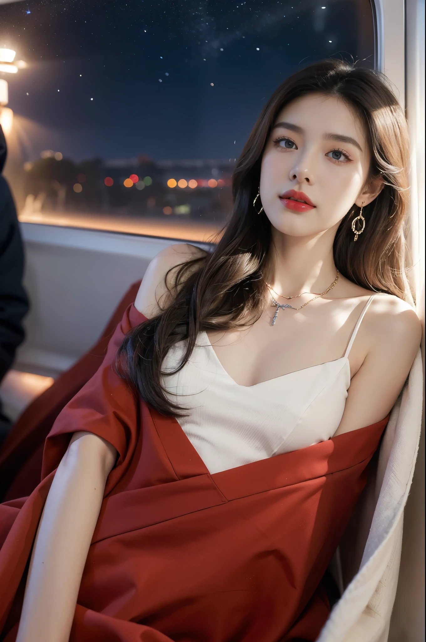 (((best quality))),(((ultra detailed))),(((masterpiece))),illustration,(a beautiful girl,female passenger,solo),(parted red lips),((slim,thin,small breasts,flat chest)),((earrings,crystal necklace)),(slender legs:1.2),(spread legs apart:1.3),summer night,((in airplane,economy class,indoor)),(blanket over shoulders:1.3),((dress)),(shoulder length straight bob hair:1.2),stars,moonlight,smooth flight,engine sound,lullaby,relaxed,excited,laughing,visiting family,comfortable seats,soft fabric,headrests,adjustable,beauty of night sky,dimmed lights,sleeping passengers,movies,personal screens,staying awake,magic of sky,joy of being with family,memorable journey,adventures,(surrounded by crowded crowds:1.3),(Outside the window is high-altitude night view:1.2),((from front,upper body))