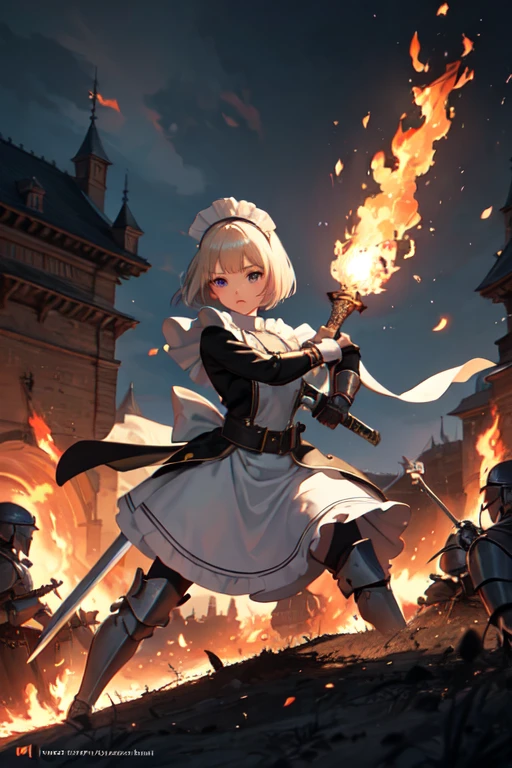(((Highest quality))), ((masterpiece)), (((detailed))), (((Attention to detail))), girl, cute, Bob Hair, Maid clothes, Classic, Small breasts, Holding a big sword, Fighting, Burning Battlefield, (Holding a big one in both hands), (One sword), protect the castle, Facing a formidable foe, knight, Oblique angle,