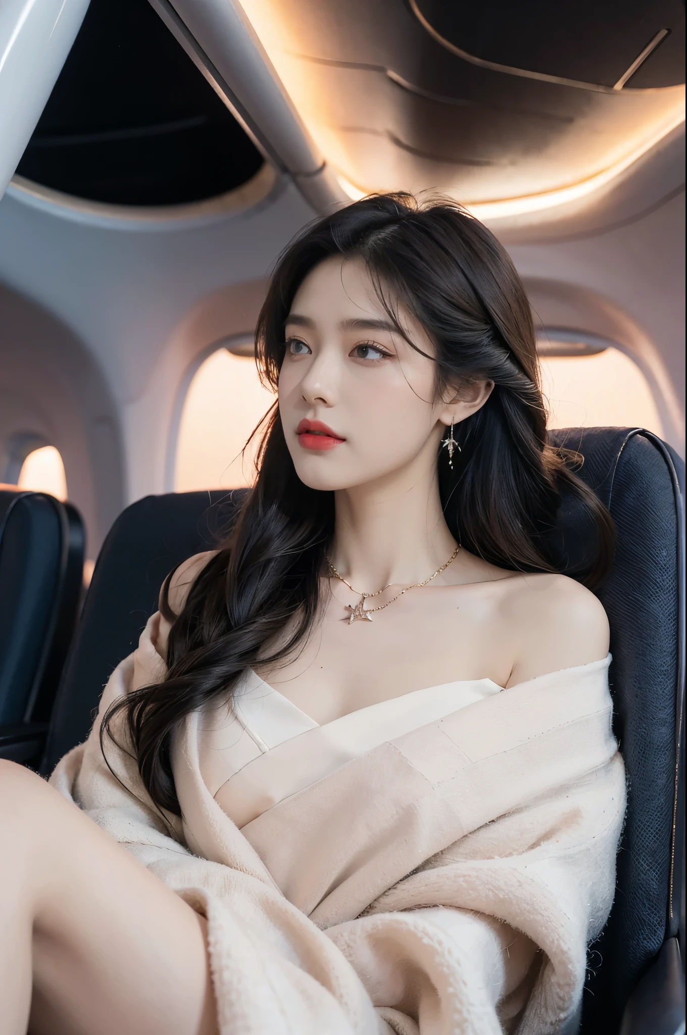 (((best quality))),(((ultra detailed))),(((masterpiece))),illustration,(a beautiful girl,female passenger,solo),(parted red lips),((slim,thin,small breasts,flat chest)),((earrings,crystal necklace)),(slender legs:1.2),(spread legs apart:1.3),summer night,((in airplane,economy class,indoor)),(blanket over shoulders:1.3),((dress)),(shoulder length straight bob hair:1.2),stars,moonlight,smooth flight,engine sound,lullaby,relaxed,excited,laughing,visiting family,comfortable seats,soft fabric,headrests,adjustable,beauty of night sky,dimmed lights,sleeping passengers,movies,personal screens,staying awake,magic of sky,joy of being with family,memorable journey,adventures,(surrounded by crowded crowds:1.3),(Outside the window is high-altitude night view:1.2),((from front,upper body))