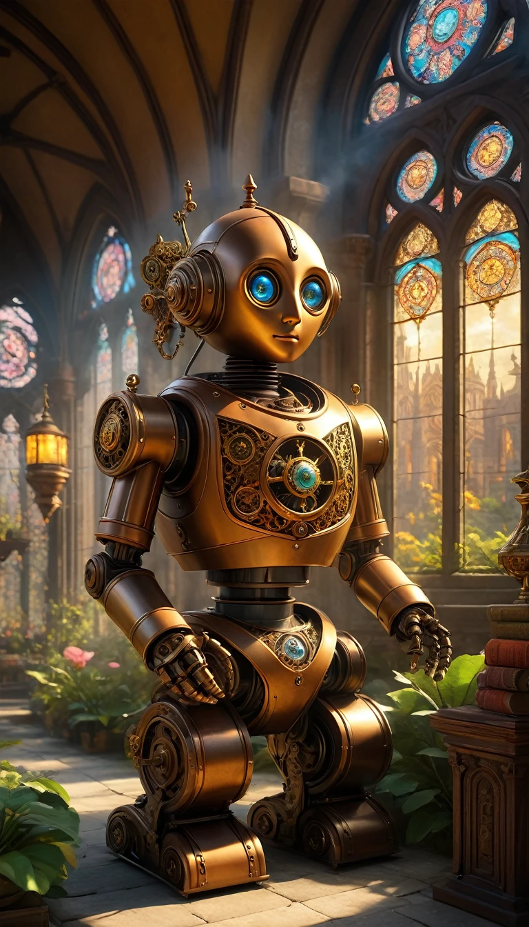 (best quality,4k,8k,highres,masterpiece:1.2),ultra-detailed,(realistic,photorealistic,photo-realistic:1.37),medieval monastery garden,steampunk robot monk,beautiful ornate architecture,steampunk machinery and gears,exquisite stained glass windows,enchanted flower garden,ancient stone walkway with intricate carvings,glowing candles and dimly lit atmosphere,steam and smoke billowing from the machinery,mystical atmosphere,peaceful and serene setting,mechanical wings attached to the robot monk's back,robot monk with intricate clockwork mechanisms,electromechanical eyes glowing with energy,warm golden color palette,gentle sunlight streaming through the stained glass windows,whispering sound of wind and rustling leaves,the scent of aged books and incense,notes of ancient Gregorian chants echoing in the air,sense of awe and tranquility,combination of futuristic and medieval elements,harmony of technology and spirituality.