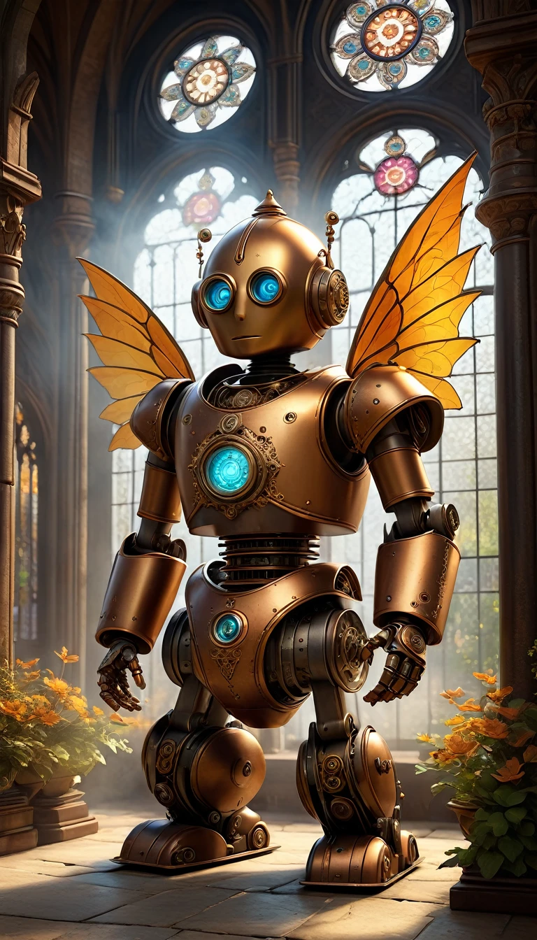 (best quality,4k,8k,highres,masterpiece:1.2),ultra-detailed,(realistic,photorealistic,photo-realistic:1.37),medieval monastery garden,steampunk robot monk,beautiful ornate architecture,steampunk machinery and gears,exquisite stained glass windows,enchanted flower garden,ancient stone walkway with intricate carvings,glowing candles and dimly lit atmosphere,steam and smoke billowing from the machinery,mystical atmosphere,peaceful and serene setting,mechanical wings attached to the robot monk's back,robot monk with intricate clockwork mechanisms,electromechanical eyes glowing with energy,warm golden color palette,gentle sunlight streaming through the stained glass windows,whispering sound of wind and rustling leaves,the scent of aged books and incense,notes of ancient Gregorian chants echoing in the air,sense of awe and tranquility,combination of futuristic and medieval elements,harmony of technology and spirituality.