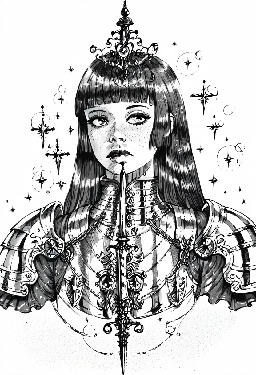 score_9, score_8_up, score_7_up, 1girl, sp1t, abundant detailed hatching shading, monochrome,best quality, high resolution, clean background, high contrast, A medieval female knight in luminous armor, (Luminescent armor:1.3), glitter with gold, blunt bangs, straight hair, hime cut