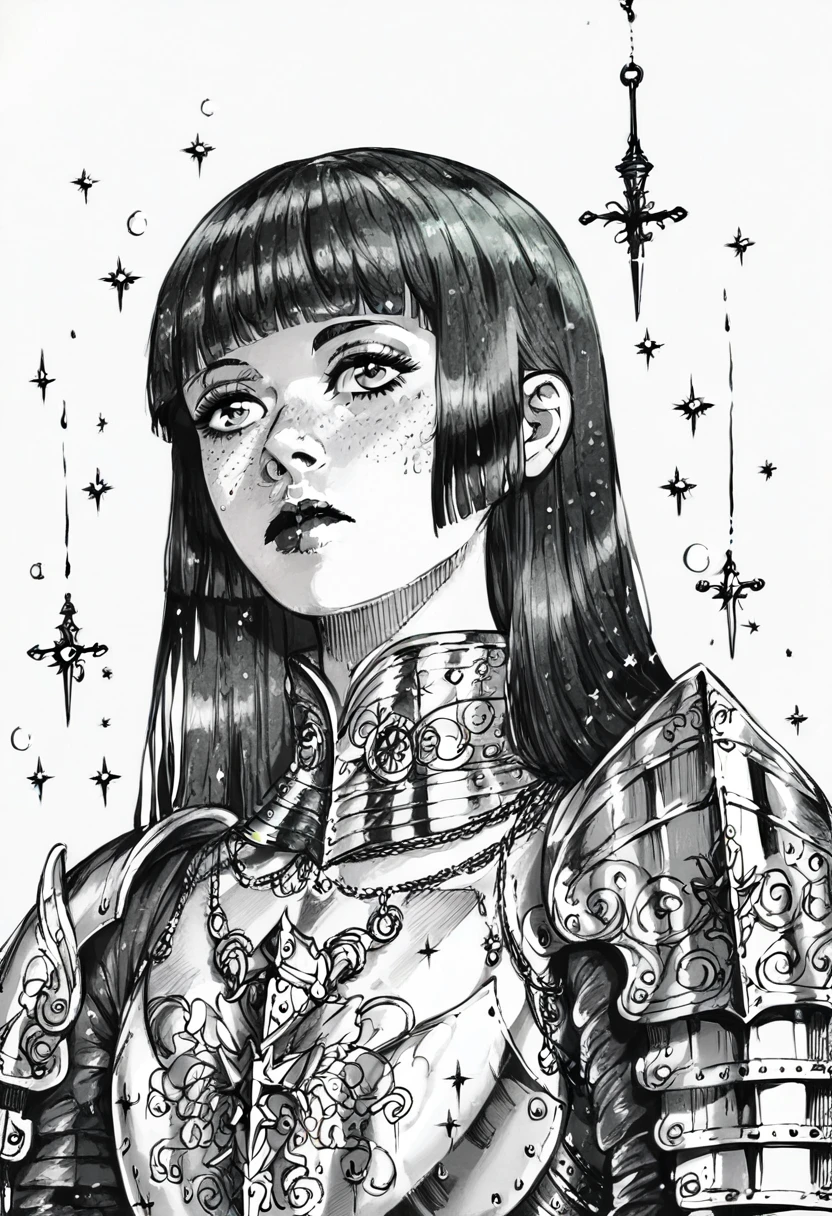 score_9, score_8_up, score_7_up, 1girl, sp1t, abundant detailed hatching shading, monochrome,best quality, high resolution, clean background, high contrast, A medieval female knight in luminous armor, (Luminescent armor:1.3), glitter with gold, blunt bangs, straight hair, hime cut