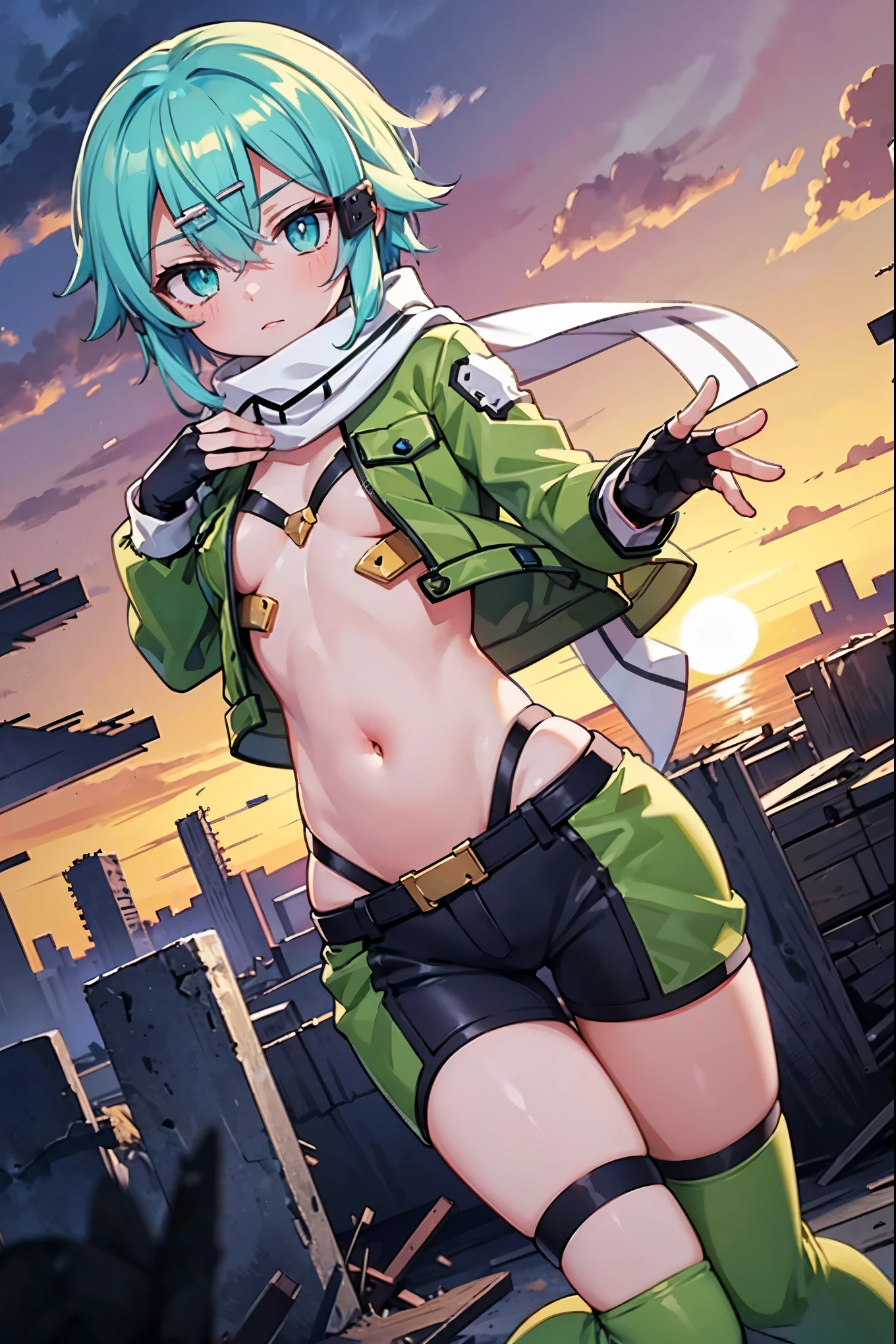 (masterpiece), best quality, expressive eyes, perfect face, highres, sinon1, scarf, fingerless gloves, long sleeves, short shorts,groin, hair ornament, hairclip, green thighhighs, green jacket,covered_nipples, thigh strap, field, sunset_ruins background, ruined structures, dynamic_posing, looking at the viewer, ,covered_navel,