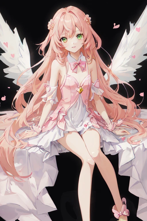 1_girl, (anime, kawai:2), (masterpeice, best_quality, clean:1.5), (sky_background:1.2), (cute, cute_smile, young:1.5), (delicate, extremely_delicate, beautiful, thin:1.5), (girlfriend, angel:1.8), (green_eyes, simple_eyes:1.8) (long_hair, blond_hair, wearing_pink_dress, pink_angel_wings, sexy_gloves:1.5), extremely_delicate, (love_magic:1.5), (age_size_fits_body), (small_thighs:1.3), (breasts), (eye_level:1.3), (heart_magic, love:1.5), (folded_legs:1.5)