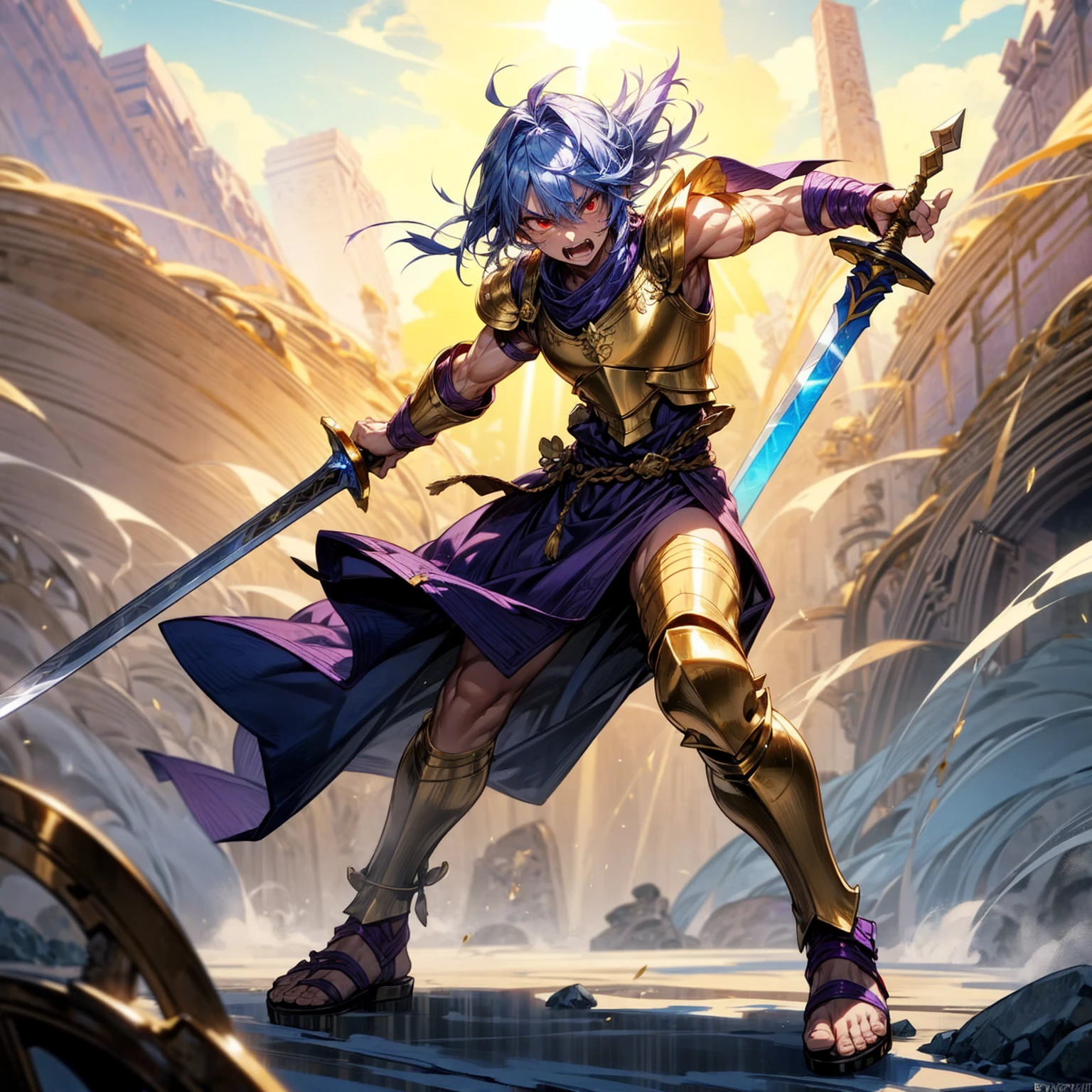 1boys orc, Full body version, red eyes, purple colour skins, angry eyes, cut hair, blue colour hair, angry expression, ancient greek clothing, gladiator sandals, Rapier gold sword in hand, small shield gold, gold armor vest, Grassroots background in snow, sunlight, sun, Sun silhouette, sun glare, smoke, background clutter, damage, war gesture
