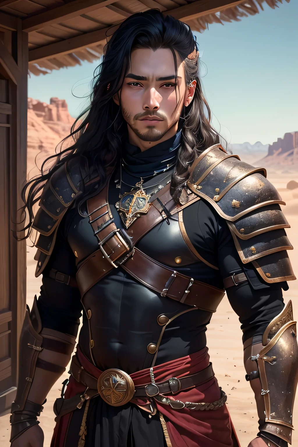 ((best quality)), ((masterpiece)), (detailed), Prize-winning works, with incredible details, maximum textures and details, mantea ,1 An adventurous warrior man in dark black light armor, long black hair ,fully body (10 year old man:1.1,detailedeyes, face detailed, whole body:1.1,the background is a desert ),(best qualityer:1.2,ultra detali:1.1,realisitic:1.37),stone medieval ancient city ,eyeshadows,hidden identity,sharp focus,swirly vibrant colors,), (twilight), 8K