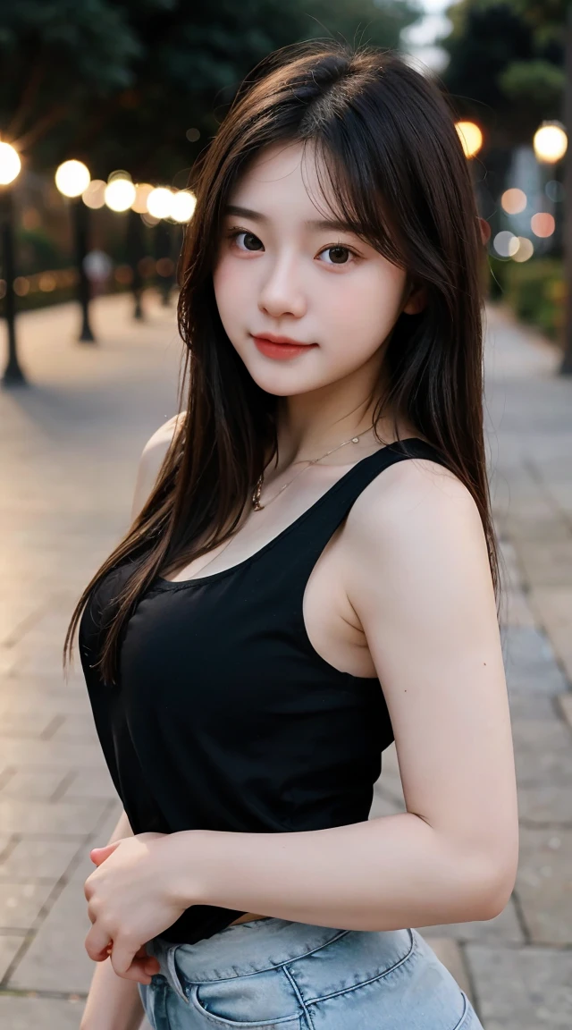 Gorgeus Girl, Beautiful, , 20 Years Old, White Skin, Beside, Sexy Pose, wearing black tank top, Bokeh, park Background, Masterpiece, asking for a hug, full body Shot