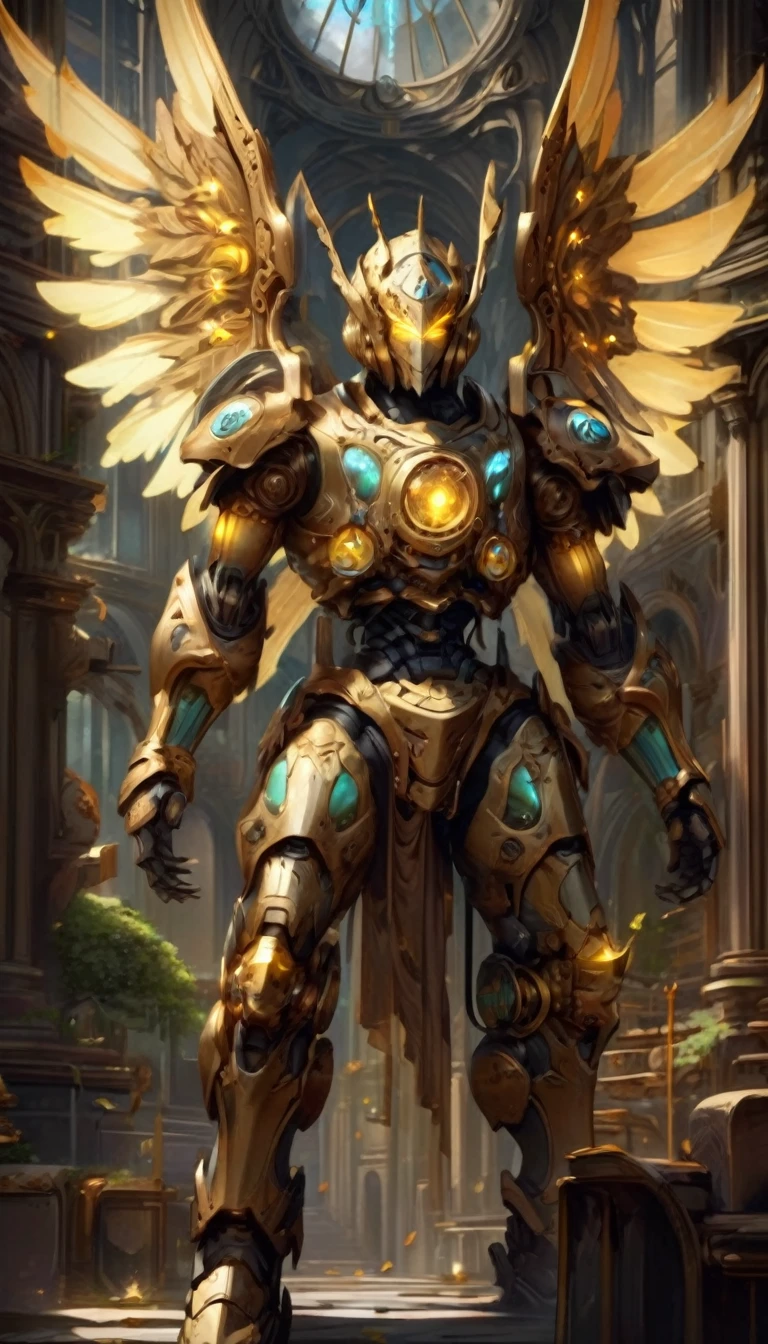 (best quality,4k,8k,highres,masterpiece:1.2),ultra-detailed,(realistic,photorealistic,photo-realistic:1.37),medieval monastery garden,steampunk robot ,beautiful ornate architecture,steampunk machinery and gears,exquisite stained glass windows,enchanted flower garden,ancient stone walkway with intricate carvings,glowing candles and dimly lit atmosphere,steam and smoke billowing from the machinery,mystical atmosphere,peaceful and serene setting,mechanical wings attached to the robot monkack,robot monk wittricate clockwork mechanisms,electromechanical eyes glowing with energy,warm golden color palette,gentle sunlight streaming through the stained glass windows,whispering sound of wind and rustling leaves,the scent of aged books and incense,notes of ancient Gregorian chants echoing in the air,sense of awe and tranquility,combination of futuristic and medieval elements,harmony of technology and spirituality.