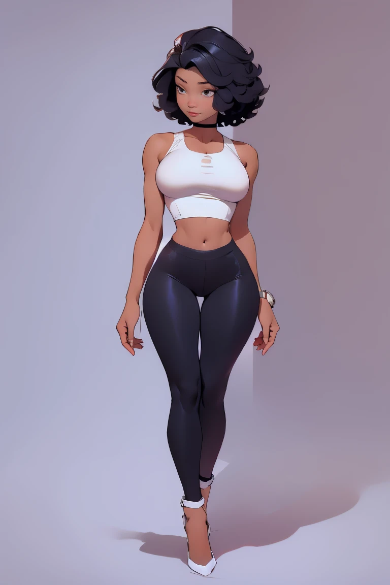afro american girl, dark skin, behind view, afro haircut, 1 girl, solo, (black leggins) (crop tank top, cleavage), sleveless, medium perky , wide hips
