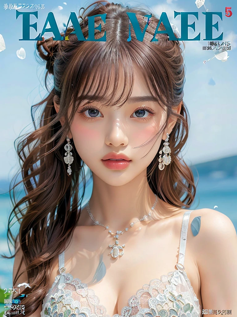 White Background、Professional Lighting、(((Professional Lighting 1.5)))、Translucent skin texture、Beautiful Skin、、(((Whitening 1.5)))、White Bra、See-through、、Ecstasy of Musical Notes、((White lace bra 1.5))、((See-through1.5)))、Bust up photo、Simple earrings and necklace、(((ファッションMagazine Cover 1.5)))、(((Magazine Cover 1.5)))、tea hair、Twin tail hair、Elegant posing、