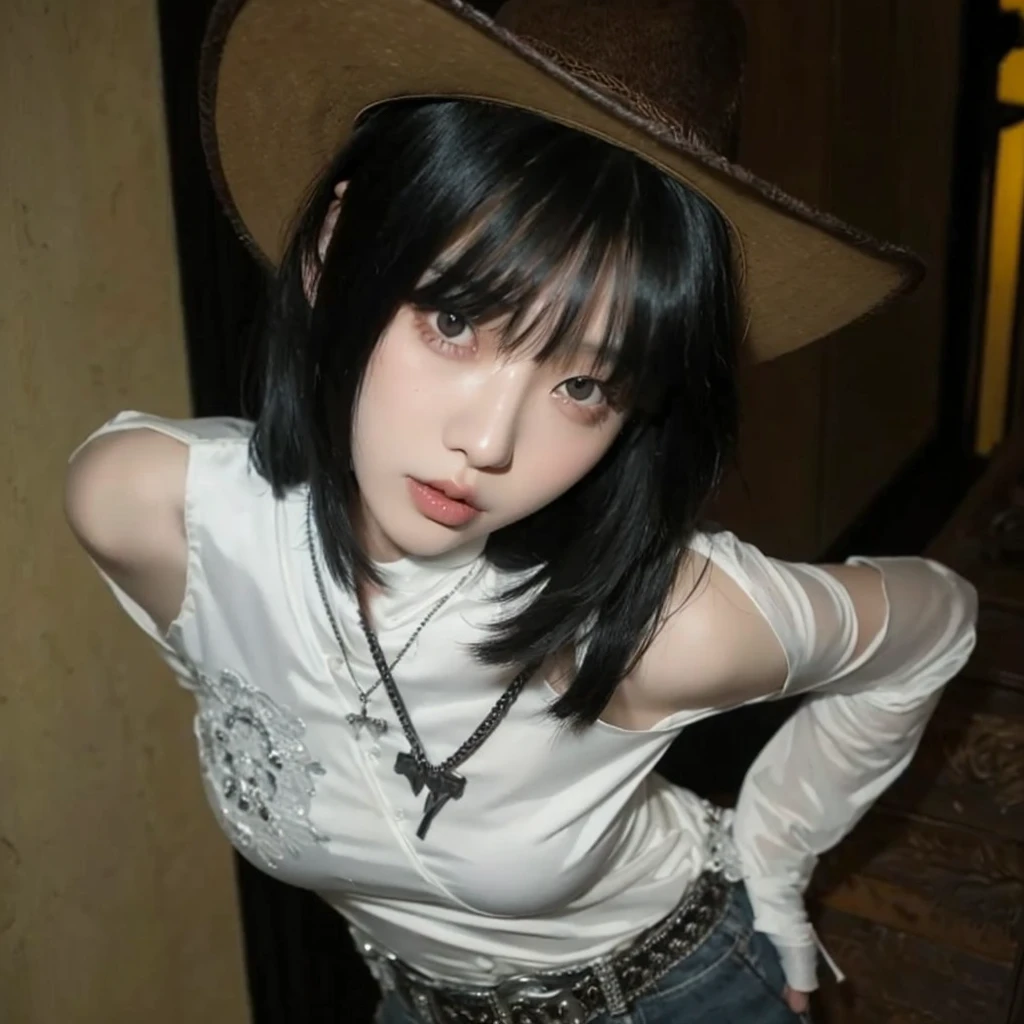 Korean girl with short black hair, straight and with bangs. Ulzzang girl with gothic style and soft face. She is dressed as a cowgirl with a cowboy hat. He has black hair with bangs and pale skin.. gothic korean ullzang. She is wearing a white blouse. 