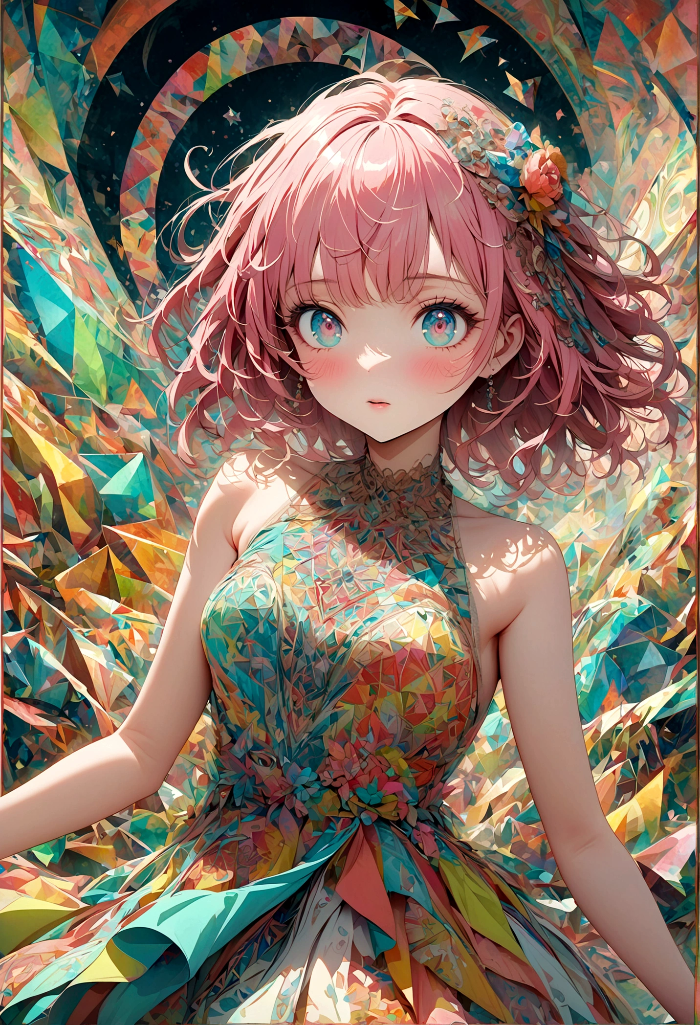 A delicate anime-style illustration of a girl with pink hair and large, expressive eyes. She is wearing a detailed, colorful dress with intricate patterns. The background features abstract, geometric shapes in soft pastel colors, creating a modern and artistic look. Her hands are gracefully positioned in front of her. kimono,Japanese style,Japanese Pattern,artwork,Zentangle,Fractal Art,Unbelievably absurd,draw in detail,Decadent,Adding Ogata Korin elements to the background,rendering,(masterpiece:1.3),(highest quality:1.4),(Super detailed:1.5),High resolution,Very detailed,unity 8k wallpaper,pop