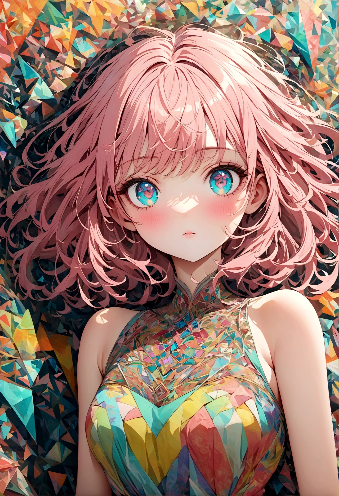 A delicate anime-style illustration of a girl with pink hair and large, expressive eyes. She is wearing a detailed, colorful dress with intricate patterns. The background features abstract, geometric shapes in soft pastel colors, creating a modern and artistic look. Her hands are gracefully positioned in front of her. kimono,Japanese style,Japanese Pattern,artwork,Zentangle,Fractal Art,Unbelievably absurd,draw in detail,Decadent,Adding Ogata Korin elements to the background,rendering,(masterpiece:1.3),(highest quality:1.4),(Super detailed:1.5),High resolution,Very detailed,unity 8k wallpaper,pop