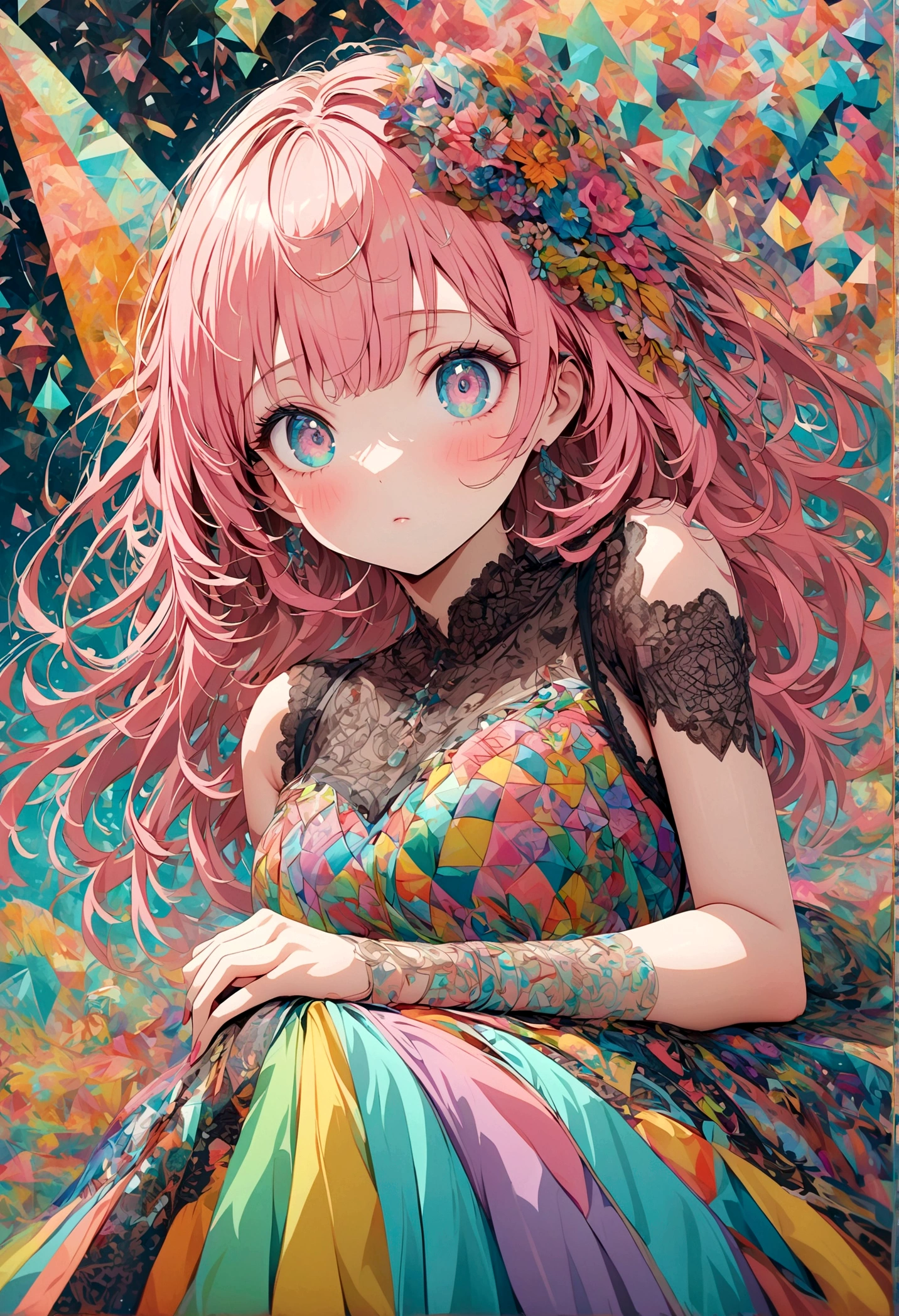 A delicate anime-style illustration of a girl with pink hair and large, expressive eyes. She is wearing a detailed, colorful dress with intricate patterns. The background features abstract, geometric shapes in soft pastel colors, creating a modern and artistic look. Her hands are gracefully positioned in front of her. kimono,Japanese style,Japanese Pattern,artwork,Zentangle,Fractal Art,Unbelievably absurd,draw in detail,Decadent,Adding Ogata Korin elements to the background,rendering,(masterpiece:1.3),(highest quality:1.4),(Super detailed:1.5),High resolution,Very detailed,unity 8k wallpaper,pop