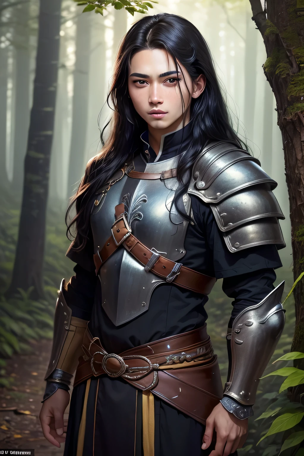 ((best quality)), ((masterpiece)), (detailed), Prize-winning works, with incredible details, maximum textures and details, mantea ,1 An adventurous warrior man in dark black light armor, long black hair ,fully body (10 year old man:1.1,detailedeyes, face detailed, whole body:1.1,the background is a forest ),(best qualityer:1.2,ultra detali:1.1,realisitic:1.37),stone medieval ancient city ,eyeshadows,hidden identity,sharp focus,swirly vibrant colors,), (twilight), 8K