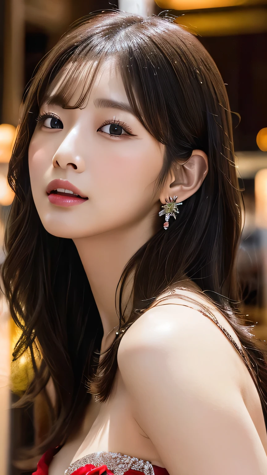 1 female, Beautiful Japanese actresses, Age 25, Double Eye,mile, Detailed face, Big earrings,Large Necklace, Flashy makeup using red eyeshadow,light brown delicate middle cut hair,the tips of the hair are wavy,Classy hairstyle,fine grain,Slender actress, Large Breasts, valley, Small hips, Side Bust Barbosa), Sexy silk embroidered mermaid dress:1.2), break long black hair, BREAK ceremony, Red carpet, Official Art,Highly detailed CG Unity 8k wallpaper, (masterpiece:1.0),(Highest quality:1.0), photo shoot, 8K, Browsing Caution, High resolution, Kodak Portrait 400, Film Grain, Lens flare brilliance,View Audience, View from the front