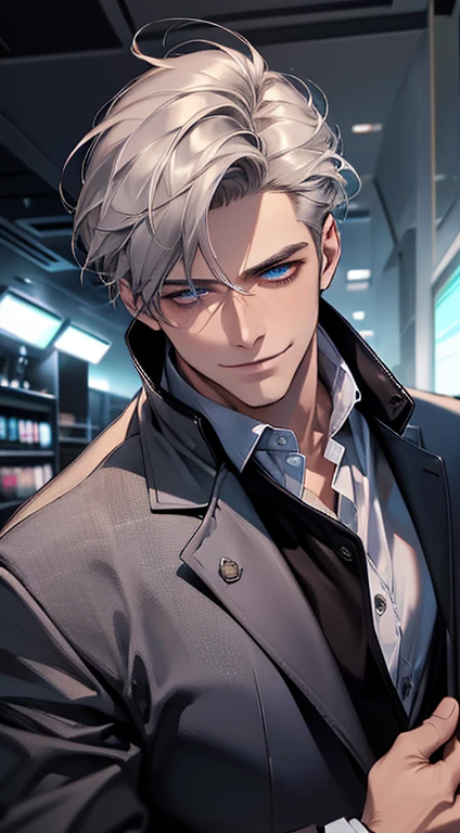(best quality, masterpiece, 8K, photorealistic, cinematic lighting, 1:4 hdr image, ultra detailed, beautiful image), a mature man, 25 years very handsome, ((cold expression smile in love)), short grey hair, blue eyes, face perfect without mistakes, ((buttoning his jacket, CEO)), smile.