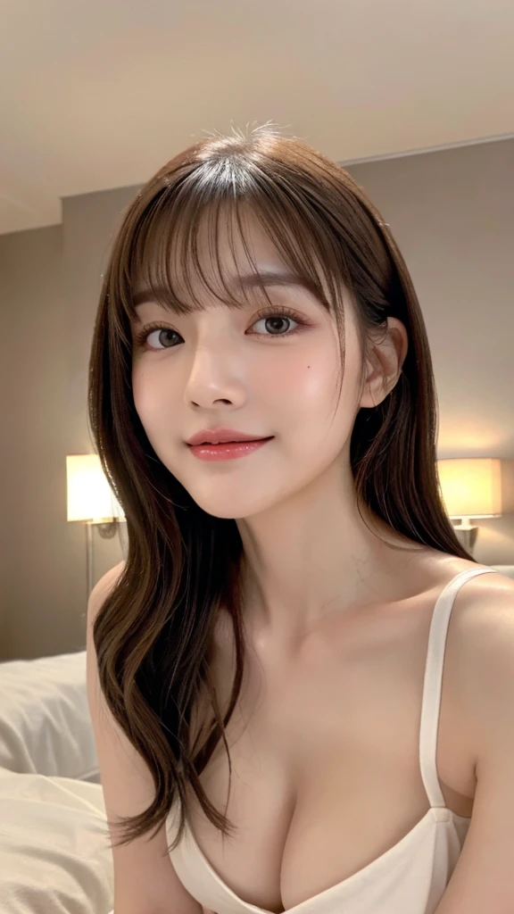 （The best product，High resolution，masterpiece：1.3），A sexy and beautiful Japan，slim body，（（side parted bangs，Brown hair，Fluffy wavy style））（（Long wavy red hair））Beautiful and smooth G cup breasts、Show cleavage，wearing a pendant，（The background is an interior modern bed）,Delicate sunlight、in bright room，Details on faces and skin textures are beautifully rendered，Delicate and sexy eyes，double eyelids、Sexy lips biting、facing the audience、Sexy expression、The body is soaked、full-body shot、Sexy relaxed forward position、a pendant、Wearing white bath towel、Makeup、full-body shot、Smile、delicate eyes、Detailed makeup