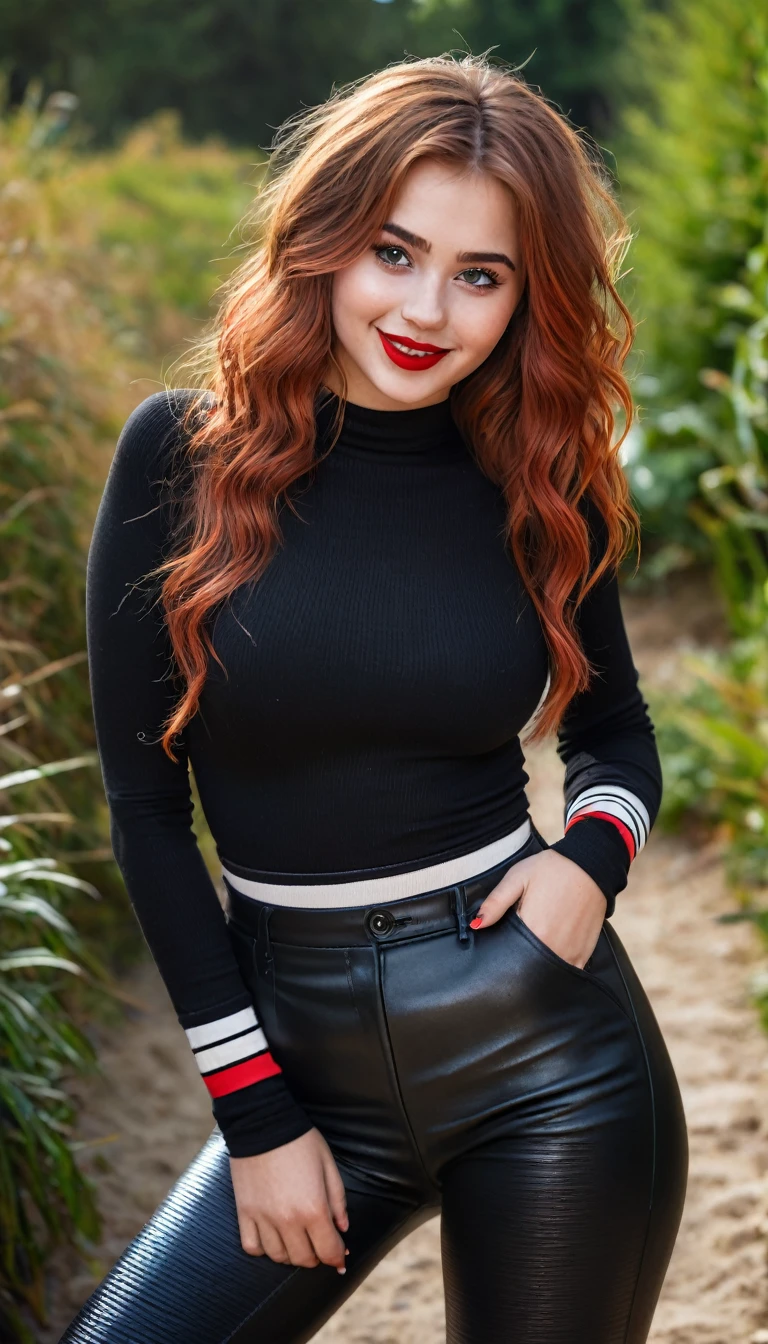 ultrarealistic high quality full body photo of a beautiful super busty slim european 19-year-old woman with cute hyperdetailed shy face and redhead shoulder length messy hair and shy smile, realistic round black eyes, red lips, dark eye makeup with eyeliner, wearing striped longsleeve and faux leather leggins, hourglass body, tanned, outdoor photography