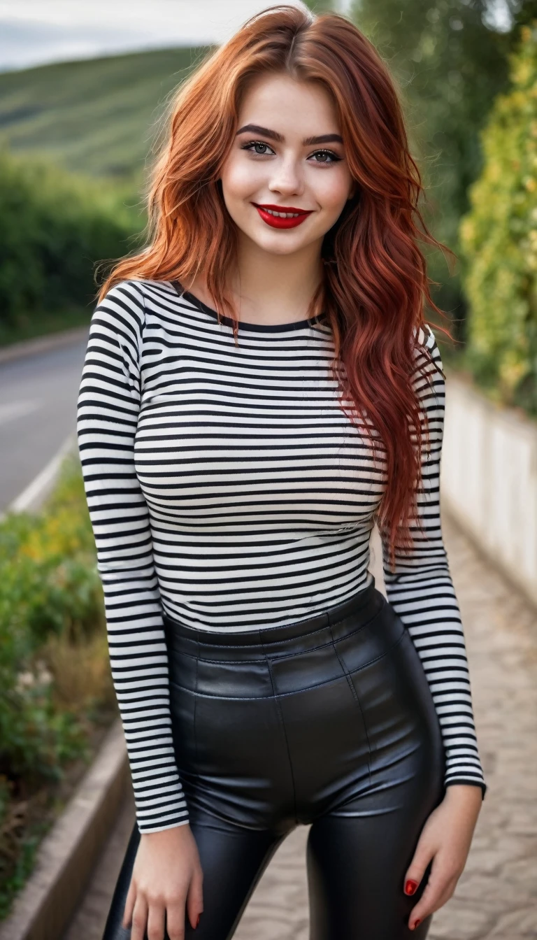 ultrarealistic high quality full body photo of a beautiful super busty slim european 19-year-old woman with cute hyperdetailed shy face and redhead shoulder length messy hair and shy smile, realistic round black eyes, red lips, dark eye makeup with eyeliner, wearing striped longsleeve and faux leather leggins, hourglass body, tanned, outdoor photography