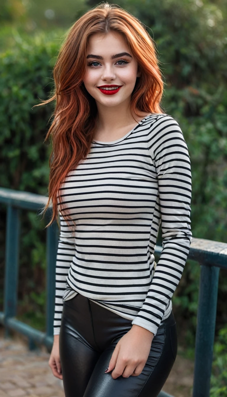 ultrarealistic high quality full body photo of a beautiful super busty slim european 19-year-old woman with cute hyperdetailed shy face and redhead shoulder length messy hair and shy smile, realistic round black eyes, red lips, dark eye makeup with eyeliner, wearing striped longsleeve and faux leather leggins, hourglass body, tanned, outdoor photography