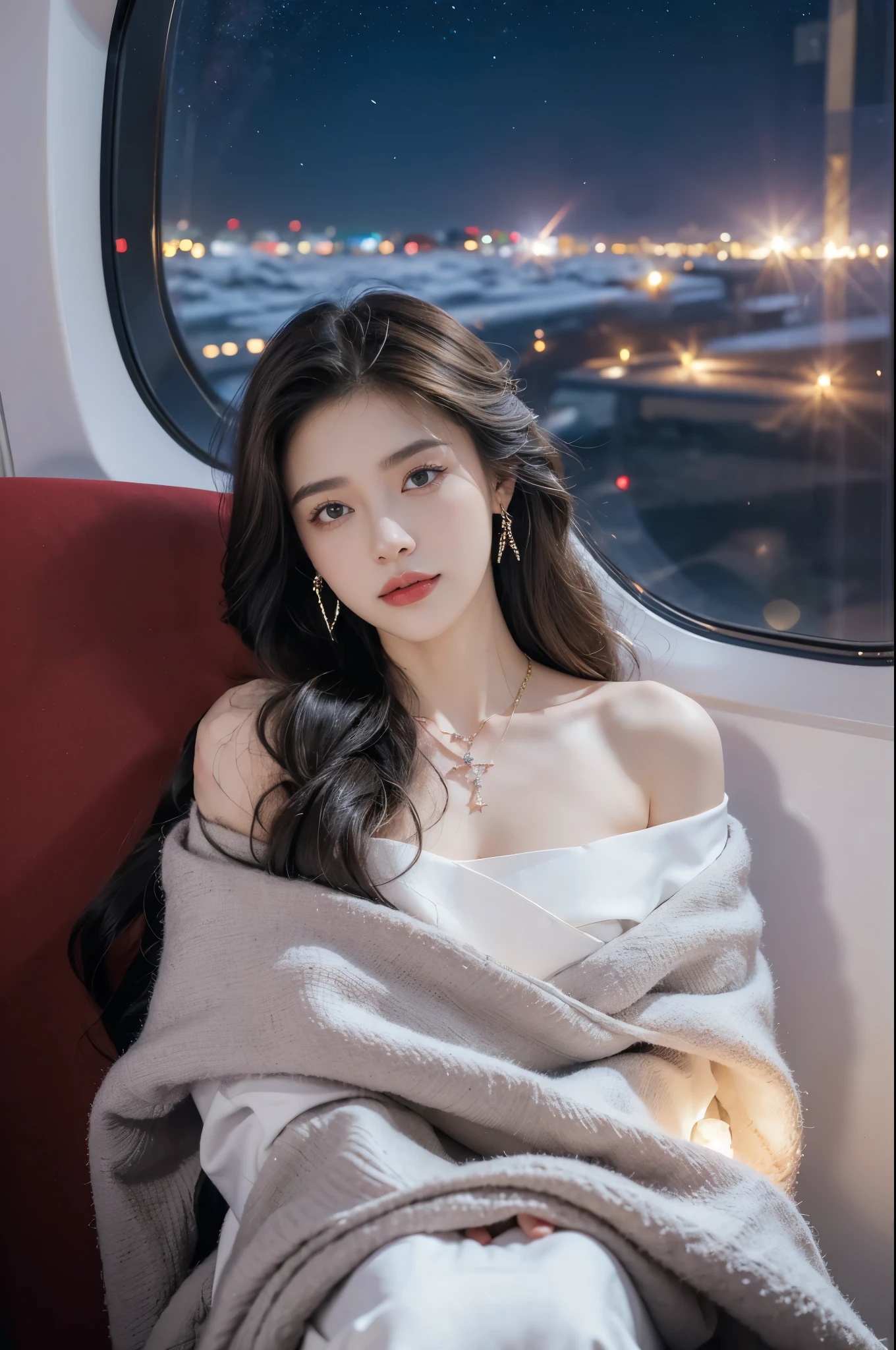 (((best quality))),(((ultra detailed))),(((masterpiece))),illustration,(a beautiful girl,female passenger,solo),(parted red lips),((slim,thin,small breasts,flat chest)),((earrings,crystal necklace)),(slender legs:1.2),summer night,((in airplane,economy class,indoor)),(blanket over shoulders:1.3),((dress)),(shoulder length straight bob hair:1.2),stars,moonlight,smooth flight,engine sound,lullaby,relaxed,excited,laughing,visiting family,comfortable seats,soft fabric,headrests,adjustable,beauty of night sky,dimmed lights,sleeping passengers,movies,personal screens,staying awake,magic of sky,joy of being with family,memorable journey,adventures,(surrounded by crowded crowds:1.3),(Outside the window is high-altitude night view:1.2),((sitting,from front,full body)),(arms behind back:1.3),(spread legs apart:1.3)