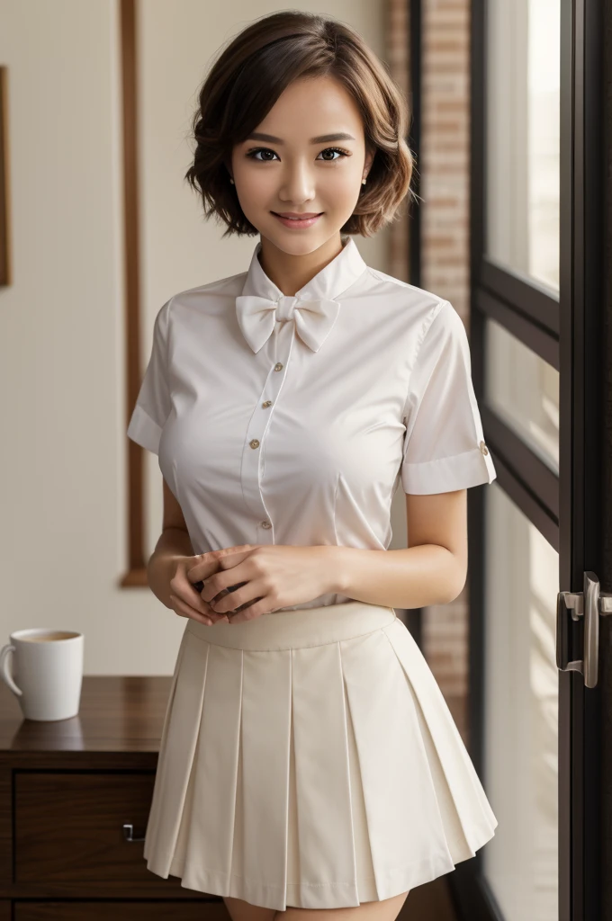 (8k, photo and gross, Best Quality, Masterpiece:1.2), (realist, photo-realist:1.37), ultra detailed,
1 girl,beautiful, Alone,beautiful detailed sky,detailed coffee,evening,session,have a date,(nose blush),(SMILE:1.1),(Closed mouth),big breasts, seductive SMILE, great separation, Professional lighting, Sony A7R4, Zessie 50mm F1.8,
medium breasts,Beautiful detailed eyes,(collar shirt:1.1), bow tie,pleated skirt,(short hair:1.2),by the floating