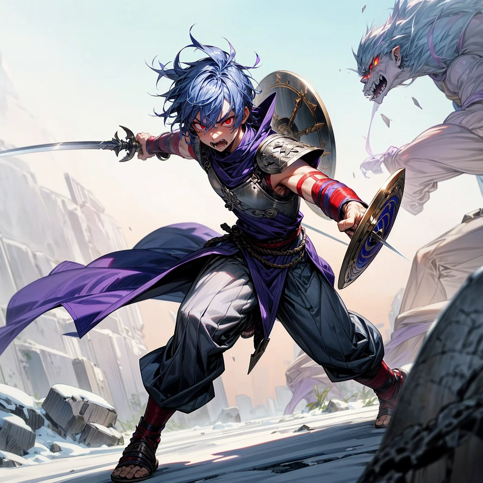 1boys orc, Full body version, red eyes, purple colour skins, angry eyes, cut hair, blue colour hair, angry expression, ancient greek clothing, gladiator sandals, Rapier sword in hand, small shield, silver armor vest, Grassroots background in snow, sunlight, sun, war gesture