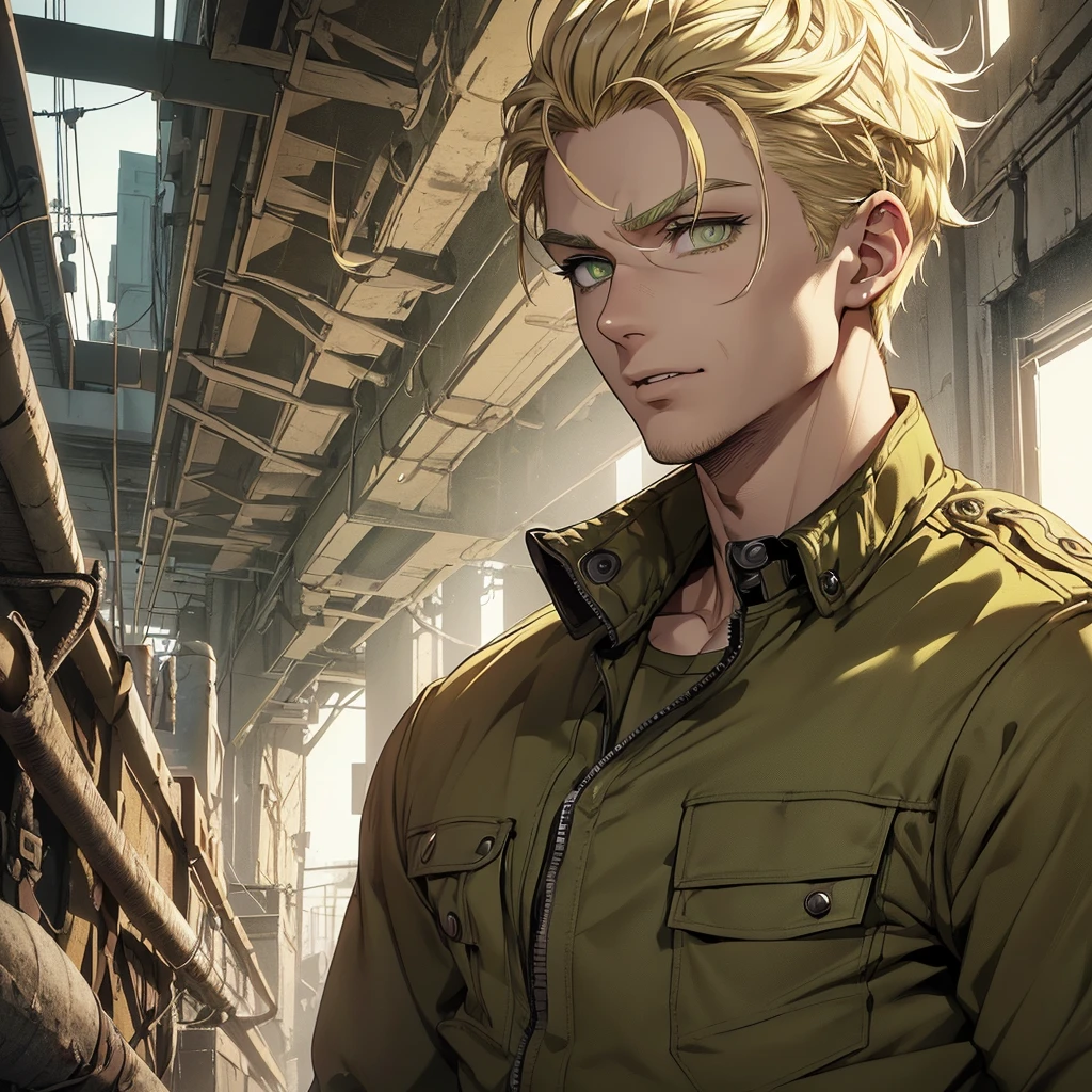 animated sketch, impressively detailed sketch, A man, (((detailed short blonde hair, detailed olive green eyes, Russian))), toned muscular body, modern casual clothing, apocalyptic world, vivid colors, conceptual artists lighting, focus on the torso, eyebrow raised, ((((excited)))), (((adult))),