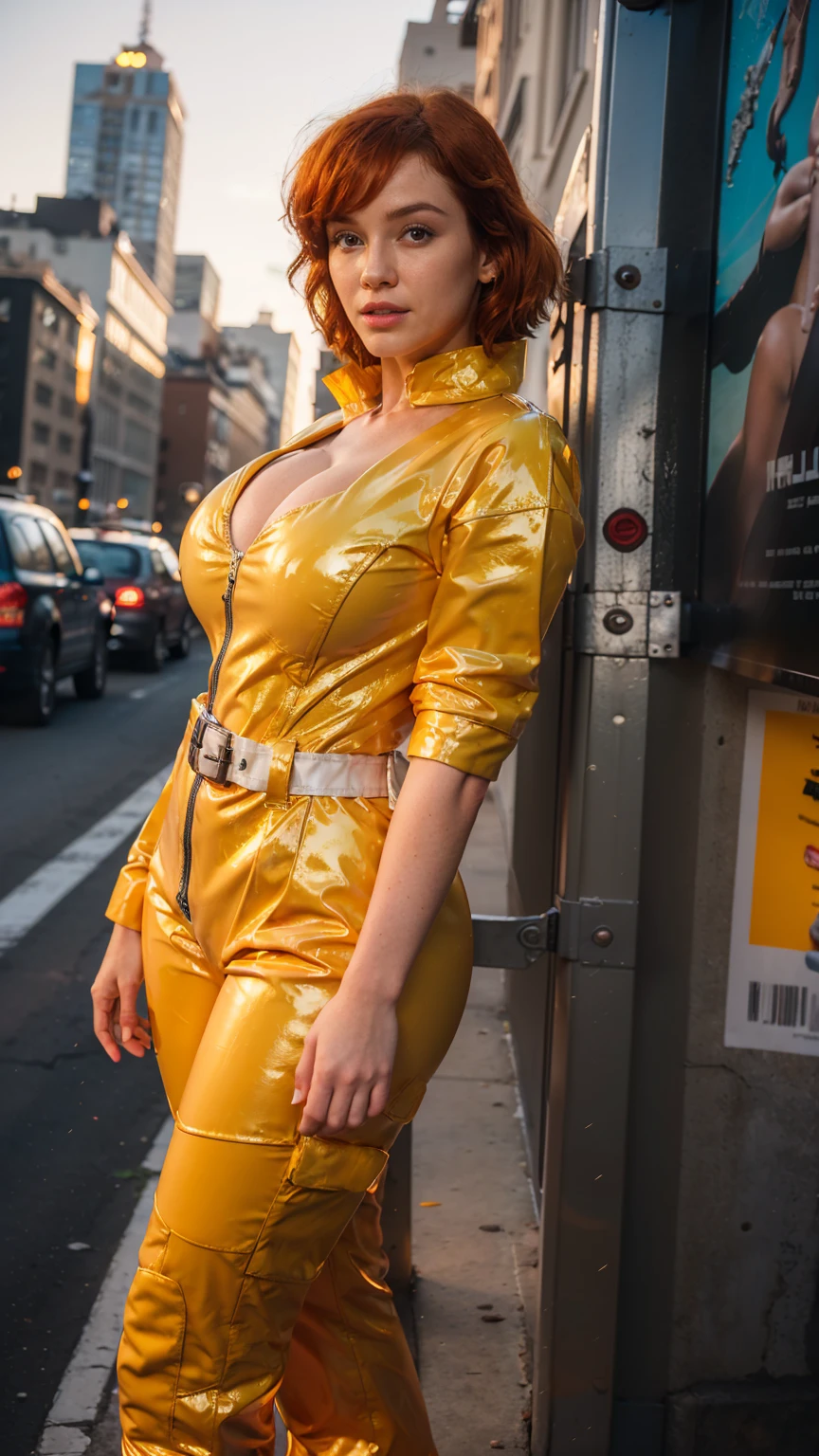 (masterpiece), (best quality), (solo character), (large breasts), (photorealistic:1.4), (chr1sh3n wearing white belt), (apriloneil costume, jumpsuit), (yellow latex jumpsuit), (apriloneil hairstyle), (apriloneil white belt), (apriloneil boots), (aprilonei wearing watch), (epiCRealLife), (lora:epiCFlashPhoto), (red hair), (red lipstick), (brown eyes), (young woman), (flashphoto), (sunset), (new york city view), (traffic light) (alleyway), (outdoor), (movie poster)