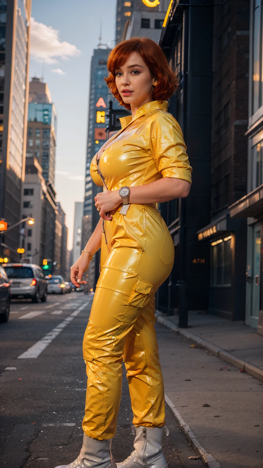 (masterpiece), (best quality), (solo character), (large breasts), (photorealistic:1.4), (chr1sh3n wearing white belt), (apriloneil costume, jumpsuit), (yellow latex jumpsuit), (apriloneil hairstyle), (apriloneil white belt), (apriloneil boots), (aprilonei wearing watch), (epiCRealLife), (lora:epiCFlashPhoto), (red hair), (red lipstick), (brown eyes), (young woman), (flashphoto), (sunset), (new york city view), (traffic light) (alleyway), (outdoor), (movie poster)